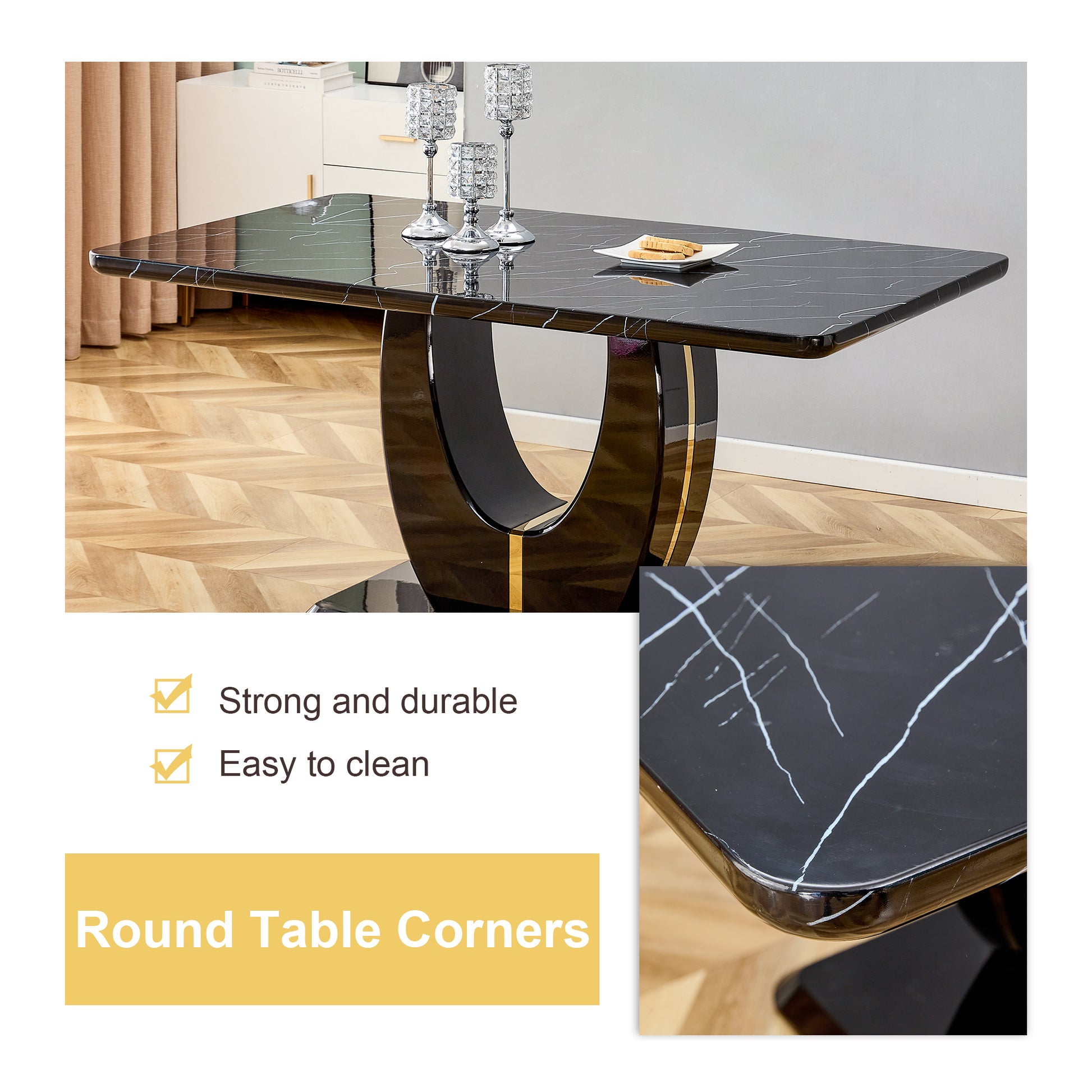 Table And Chair Set.63"W X 37"D X 30"H Black Marble Mdf Diningtable Set With 6 Black Pu Chairs With Gold Metal Legs.Bring A Comfortable Home Experience To The Kitchen, Bedroom, And Office.