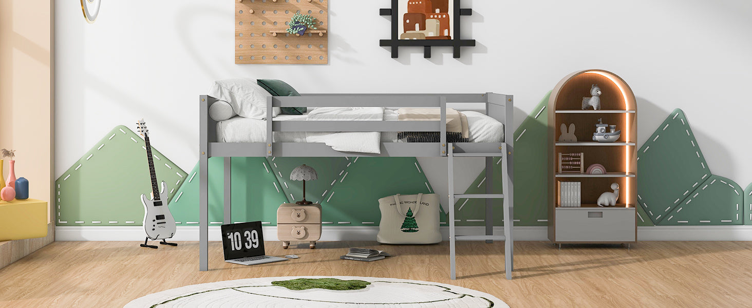 Full Size Wood Low Loft Bed With Ladder, Ladder Can Be Placed On The Left Or Right, Gray Old Sku:Gx000366Aae Box Spring Not Required Full Gray Wood Bedroom Solid Wood Mdf