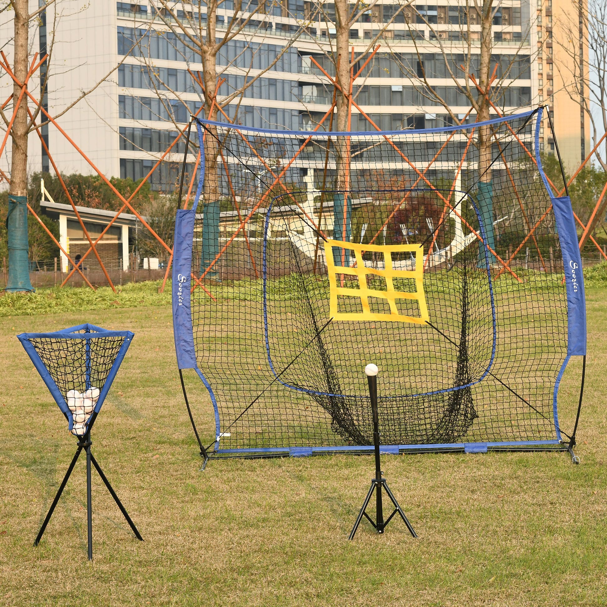 Soozier Baseball Practice Net Set With 7.5X7Ft Catcher Net, Ball Caddy And Batting Tee, Portable Baseball Practice Equipment With Carry Bag For Hitting, Pitching, Batting, Catching, Blue Blue Steel