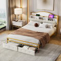 Metal Platform Bed With 2 Drawers, Storage Headboard, Queen, Gold Queen Gold White Fabric Metal