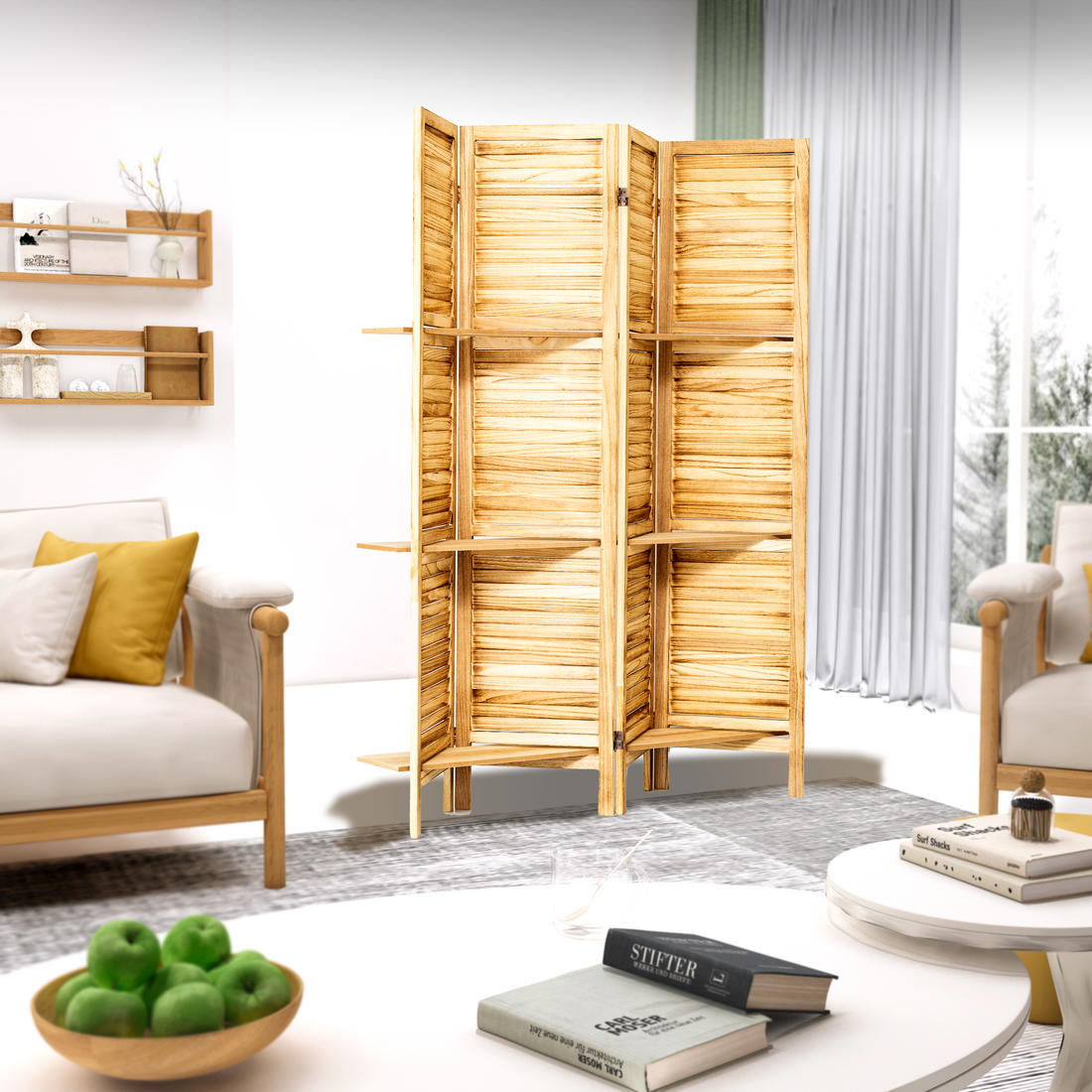 4 Panel Wood Room Divider Screen With Shelves Freestanding Partition With Display Shelves Natural Color Natural Wood Modern Wood