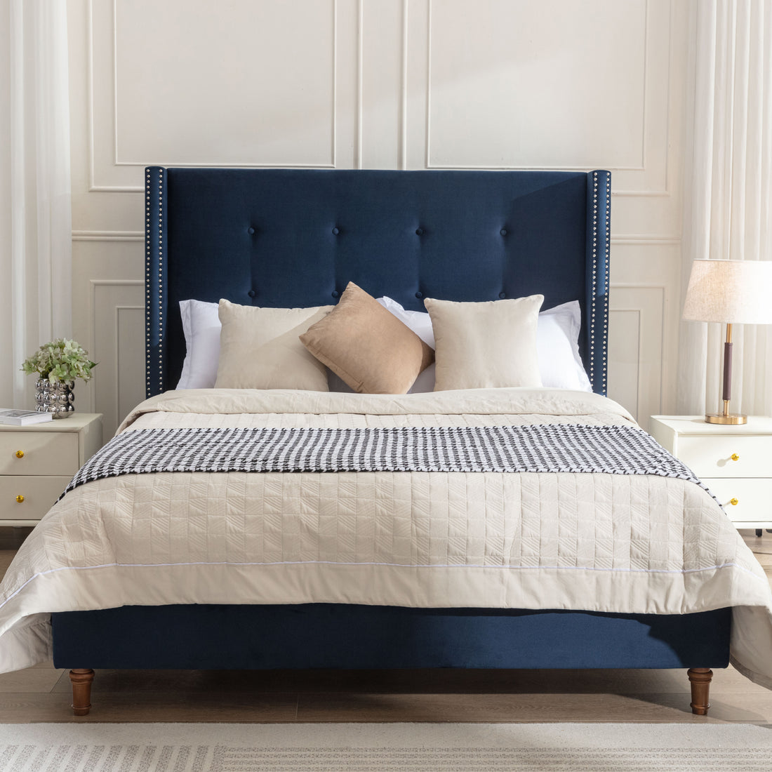 Peyton Upholstered Queen Bed 54" High Headboard Traditional Hand Buttoned Tufting Trim Wingback No Box Spring Needed Easy Assembly Blue Velvet Box Spring Not Required Queen Blue Metal Brown Bedroom Classic,European,Modern,Traditional Oak Bed Frame Foam