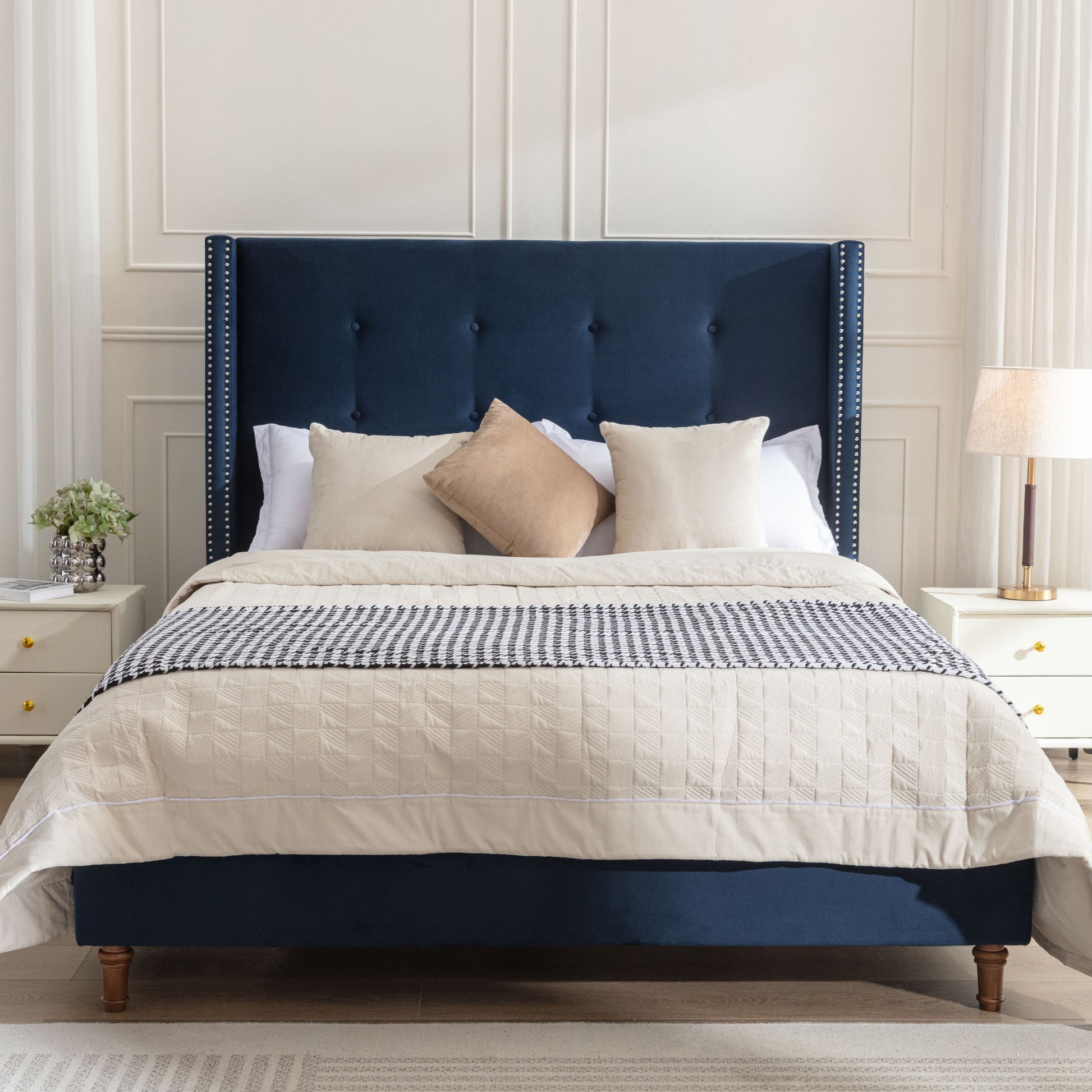 Peyton Upholstered Queen Bed 54" High Headboard Traditional Hand Buttoned Tufting Trim Wingback No Box Spring Needed Easy Assembly Blue Velvet Box Spring Not Required Queen Blue Metal Brown Bedroom Classic,European,Modern,Traditional Oak Bed Frame Foam
