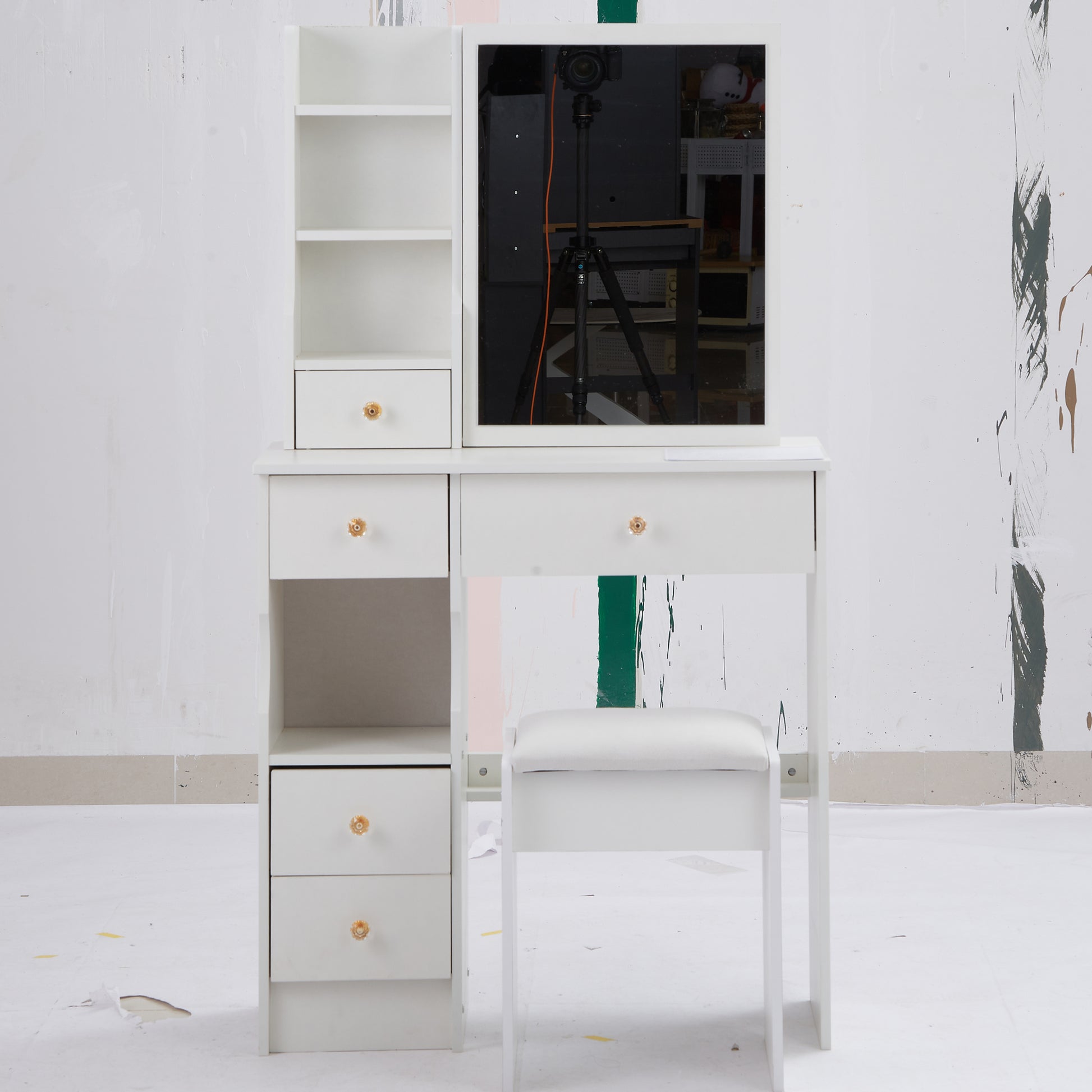 Small Size Left Drawer Desktop Vanity Table Cushioned Stool, Extra Large Sliding Mirror, Multi Layer, High Capacity Storage Fashionable Dresser, Suitable For Small Space, Epa,Gcc,Ul Certificate