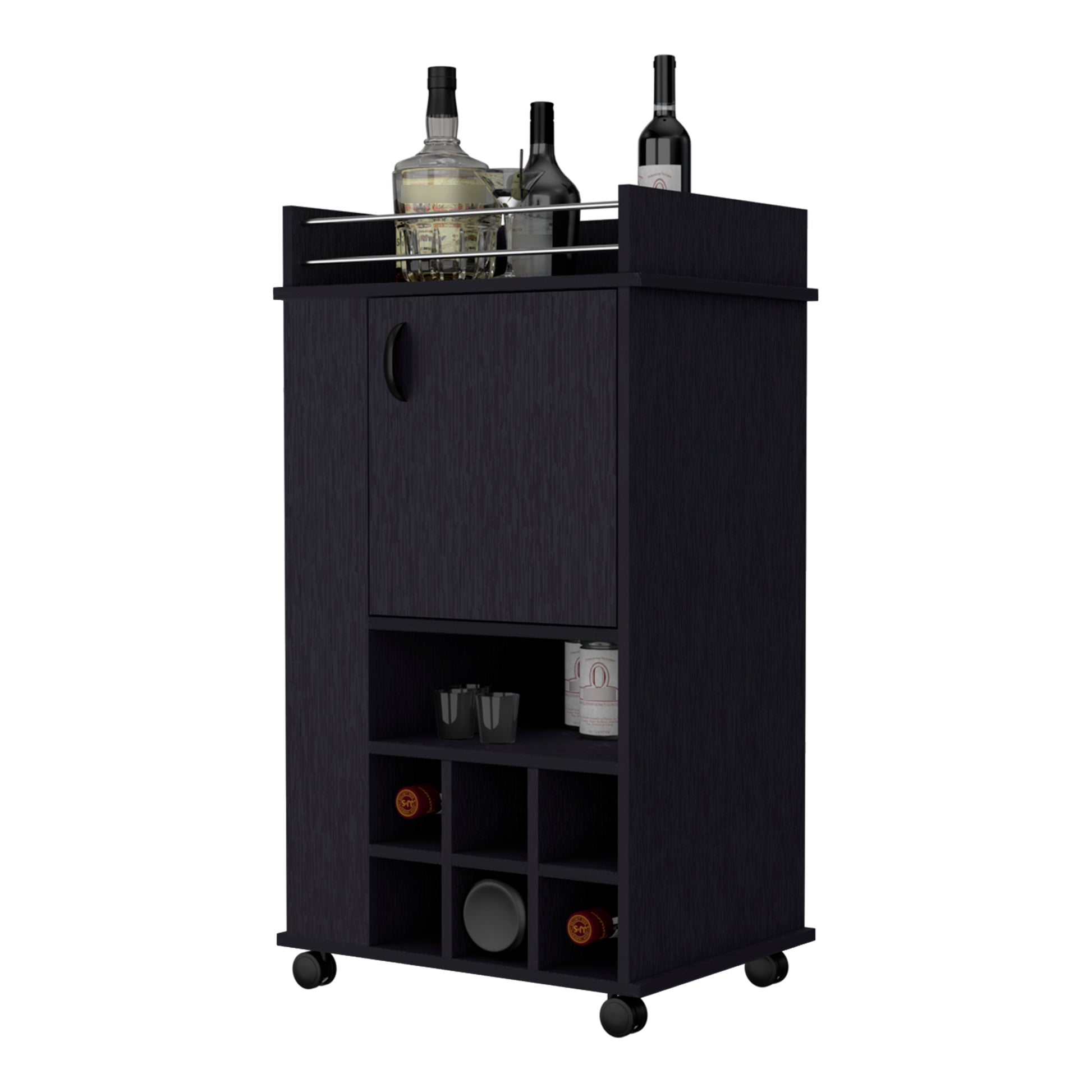 Farson Bar Cart With 2 Side Shelf, 6 Built In Wine Rack And Casters Black Contemporary Pine Particle Board Engineered Wood