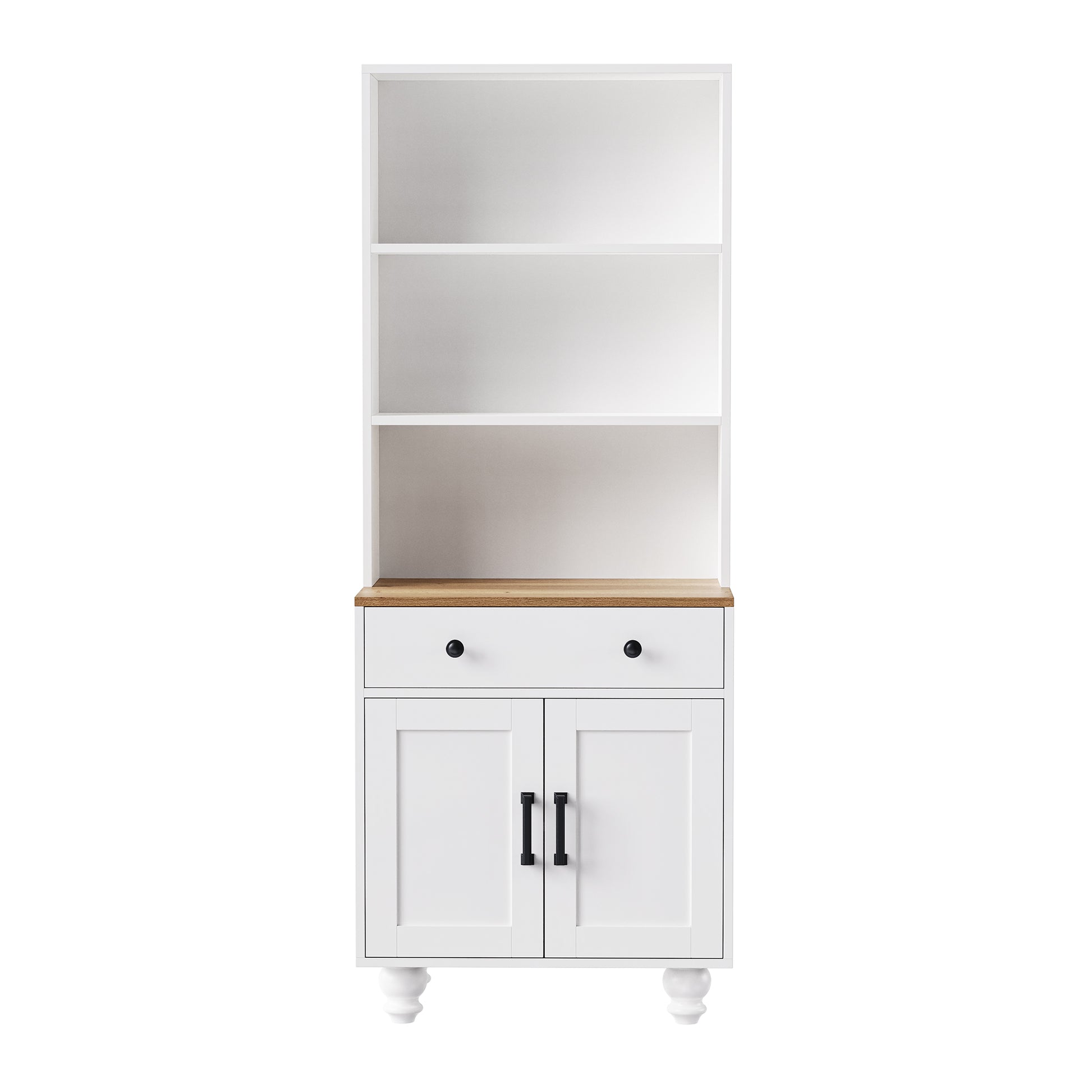 Farmhouse Storage Cabinet With 4 Solid Wood Gourd Shaped Legs, Modern Kitchen Pantry Cabinet With Adjustable Shelves, 5 Tier Bookshelf With Drawer For Living Room, White White Walnut Primary Living