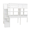 Twin Size Loft Bed Frame With Storage Staircase And Double Desks And Shelves,White Twin White Solid Wood Mdf