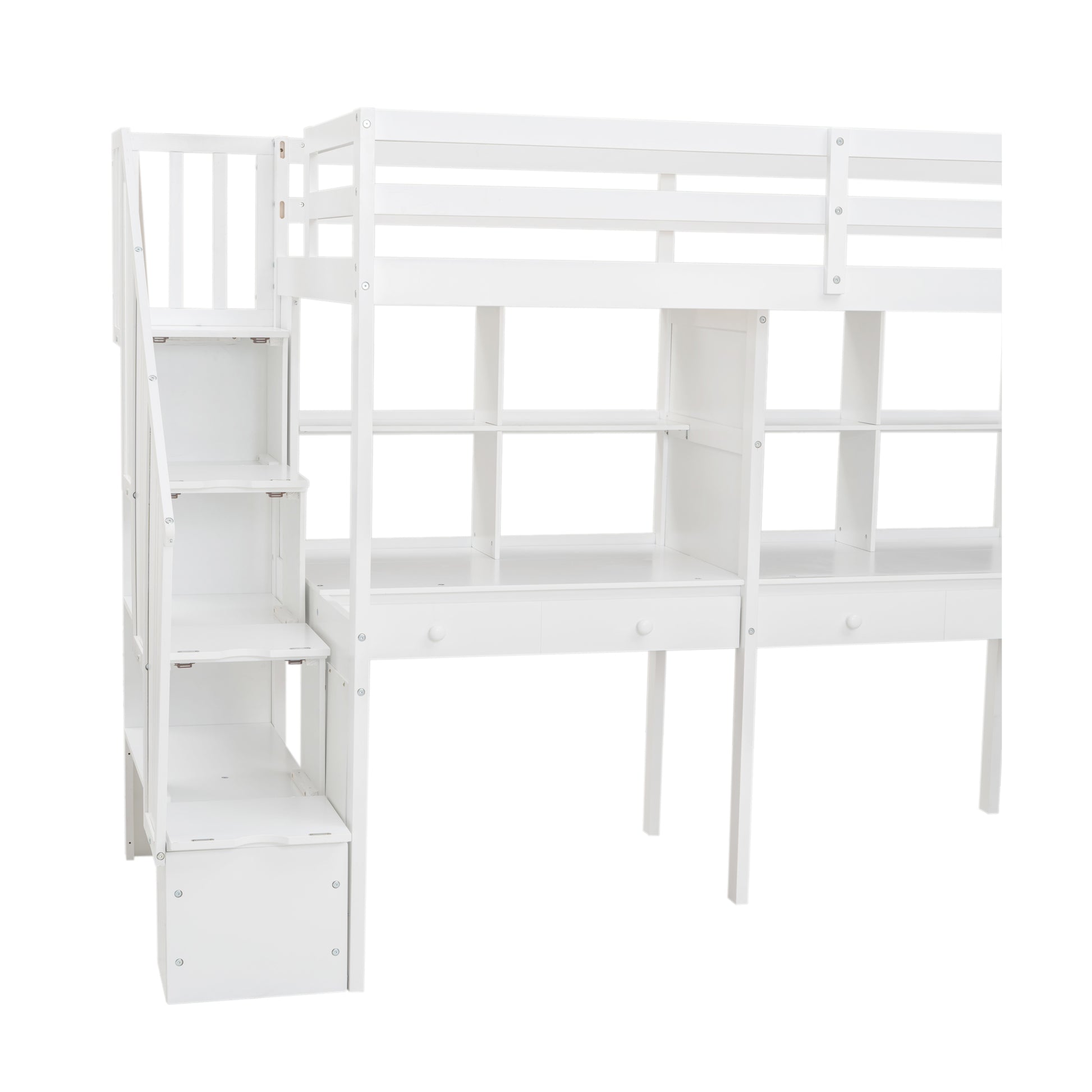 Twin Size Loft Bed Frame With Storage Staircase And Double Desks And Shelves,White Twin White Solid Wood Mdf