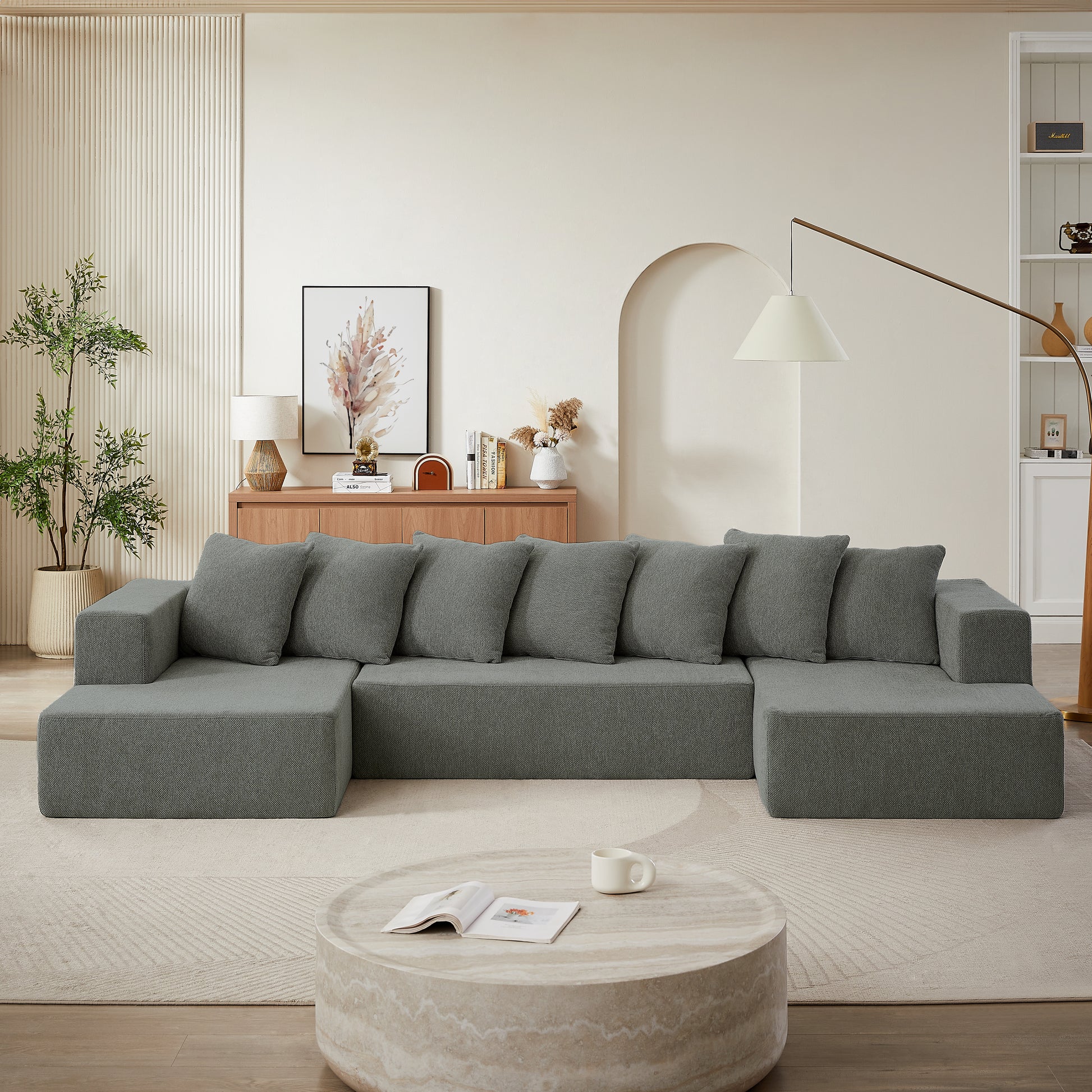 Chenille U Shaped Sectional Sofa Set,Minimalist Style Modular Sectional Sofa, Luxury Chenille Fabric Cloud Couch For Living Room Grey Chenille 6 Seat