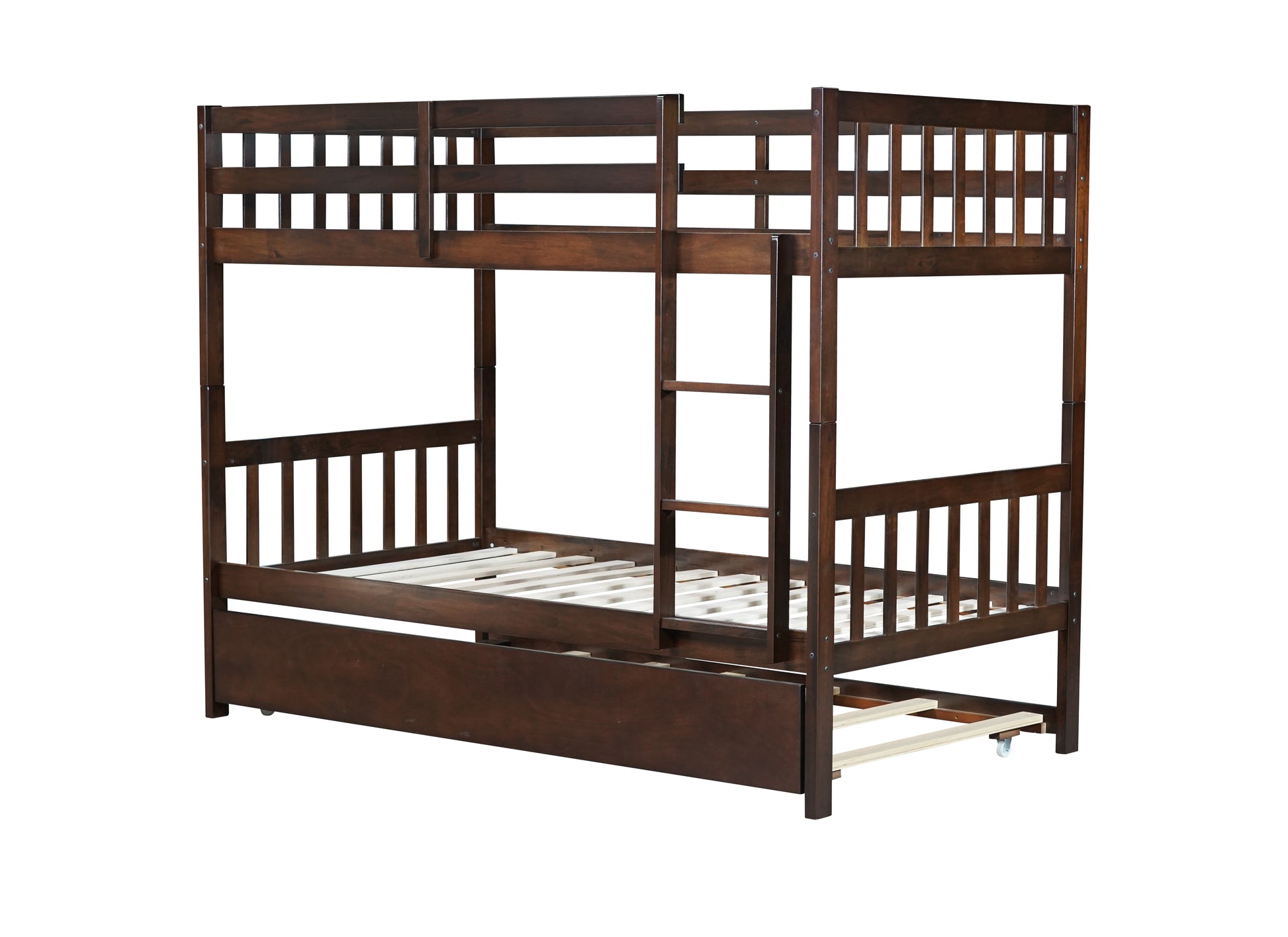 Twin Over Twin Rubber Wood Bunk Bed With Trundle, Convertible Into 2 Twin Size Beds, Twin Size Bunk Bed With Ladder And Safety Guardrails,Espresso Twin Espresso Rubber Wood