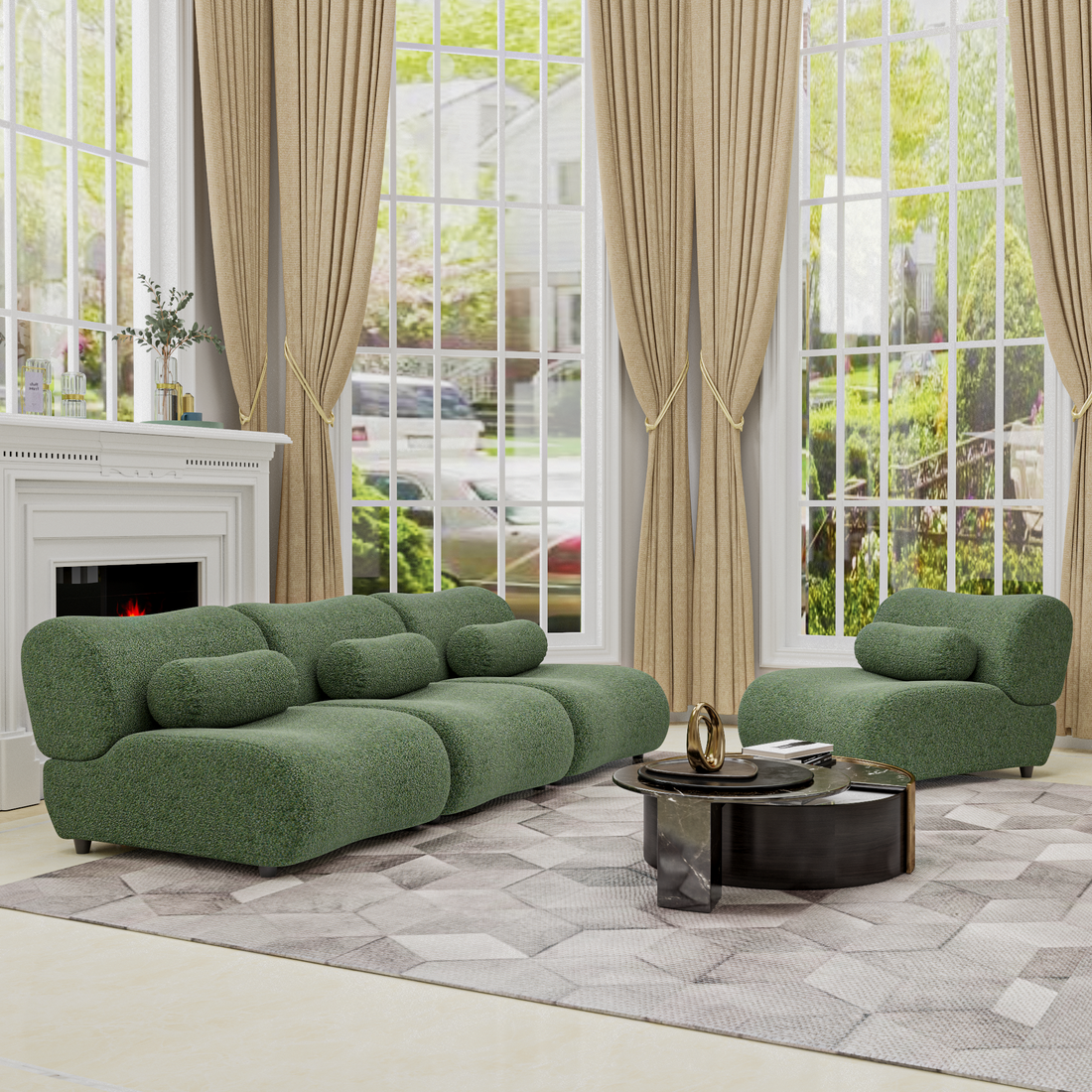 Green Modular Living Room Sofa Stylish Chenille Fabric Sofa With 70 Degree Reclined Backrest And Cylindrical Pillows, Flexible Layout, Multiple Configurations Green Chenille 4 Seat