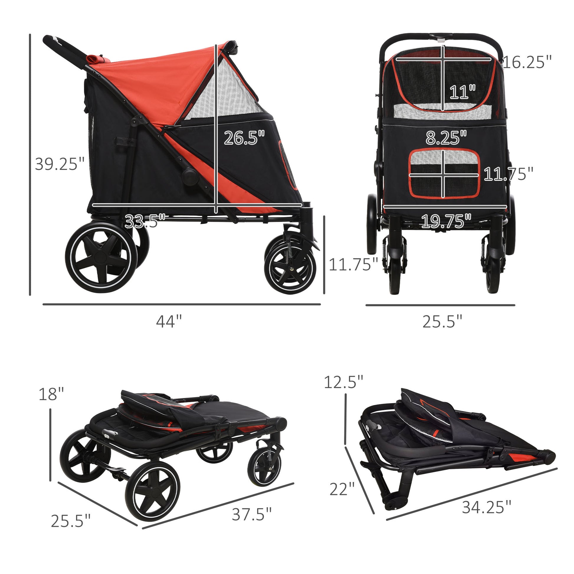 Pawhut One Click Foldable Doggy Stroller For Medium Large Dogs, Pet Stroller With Storage, Smooth Ride With Shock Absorption, Mesh Window, Safety Leash, Big Dog Walking Stroller, Red Red Steel