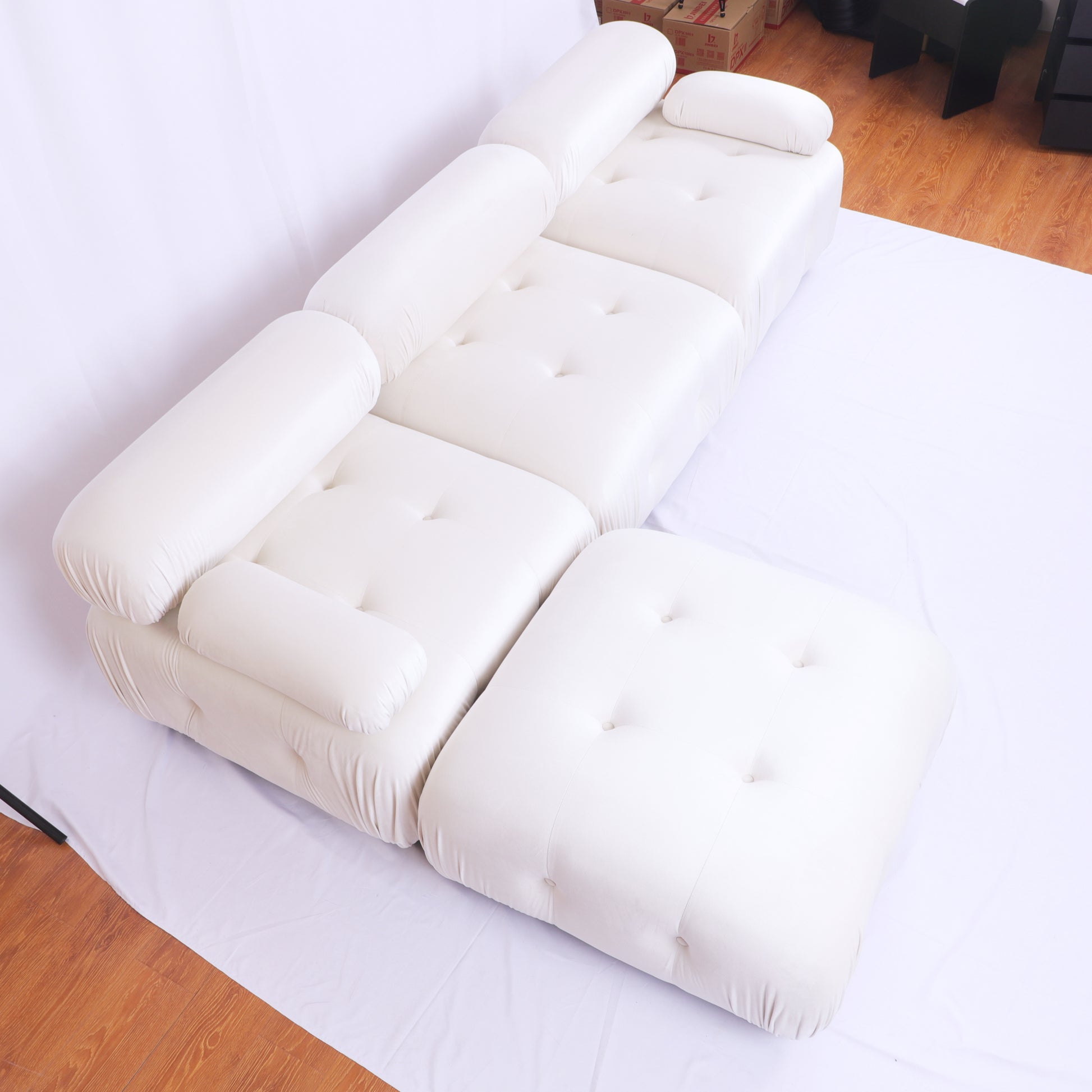 Modular Sectional Sofa Couch, Modern L Shaped Cloud Couch With Reversible Ottoman Convertible Button Tufted Velvet Fabric Couches For Living Room, Diy Combination,Cream Green Velvet 4 Seat