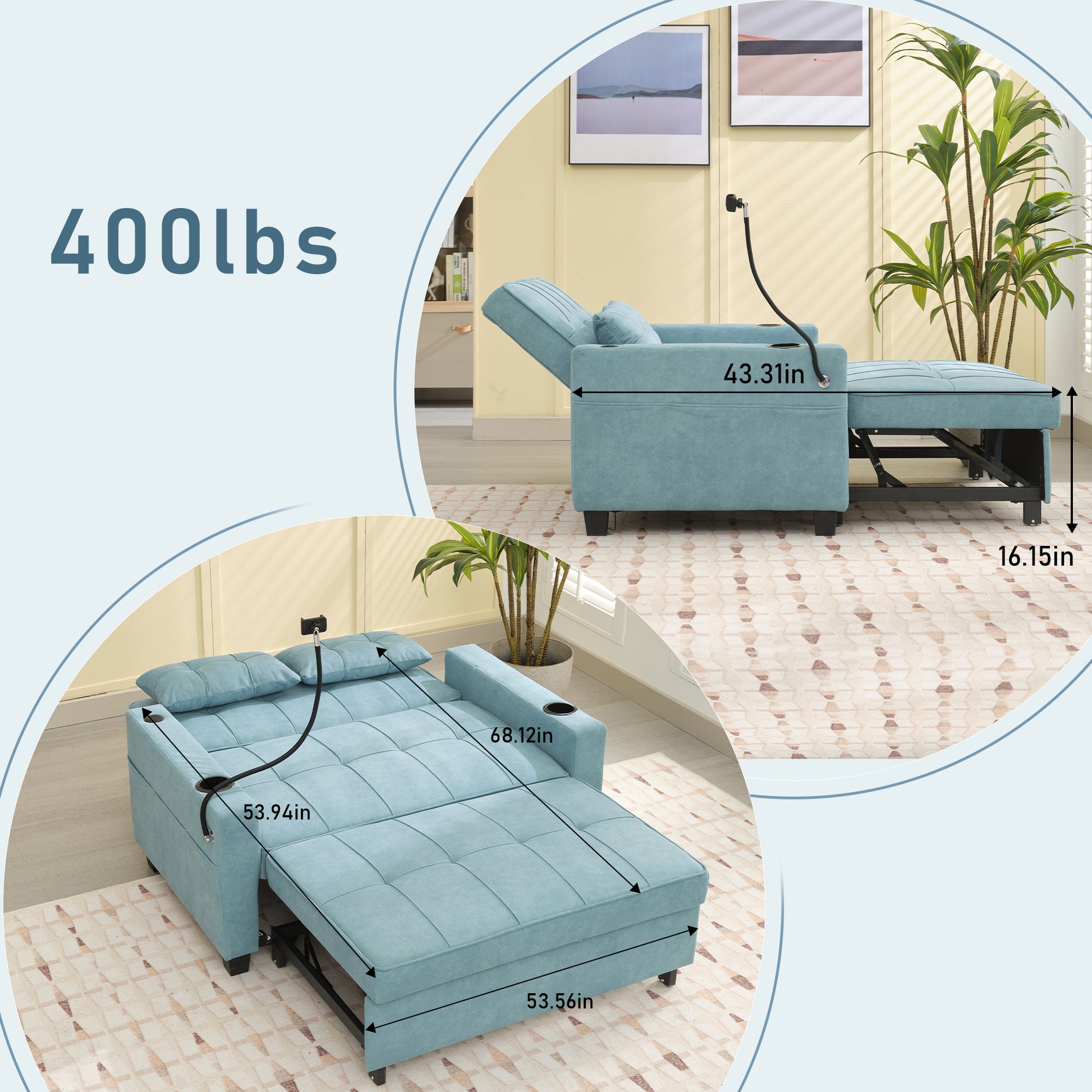 Futon Chair Bed Convertible Chair 3 In 1 Pull Out Sleeper Chair Beds With Usb Ports,Wear Resistant And Anti Scratch, Armchair Bed Sleeper For Living Room Green Tech Cloth Green Foam Tech Cloth 2 Seat