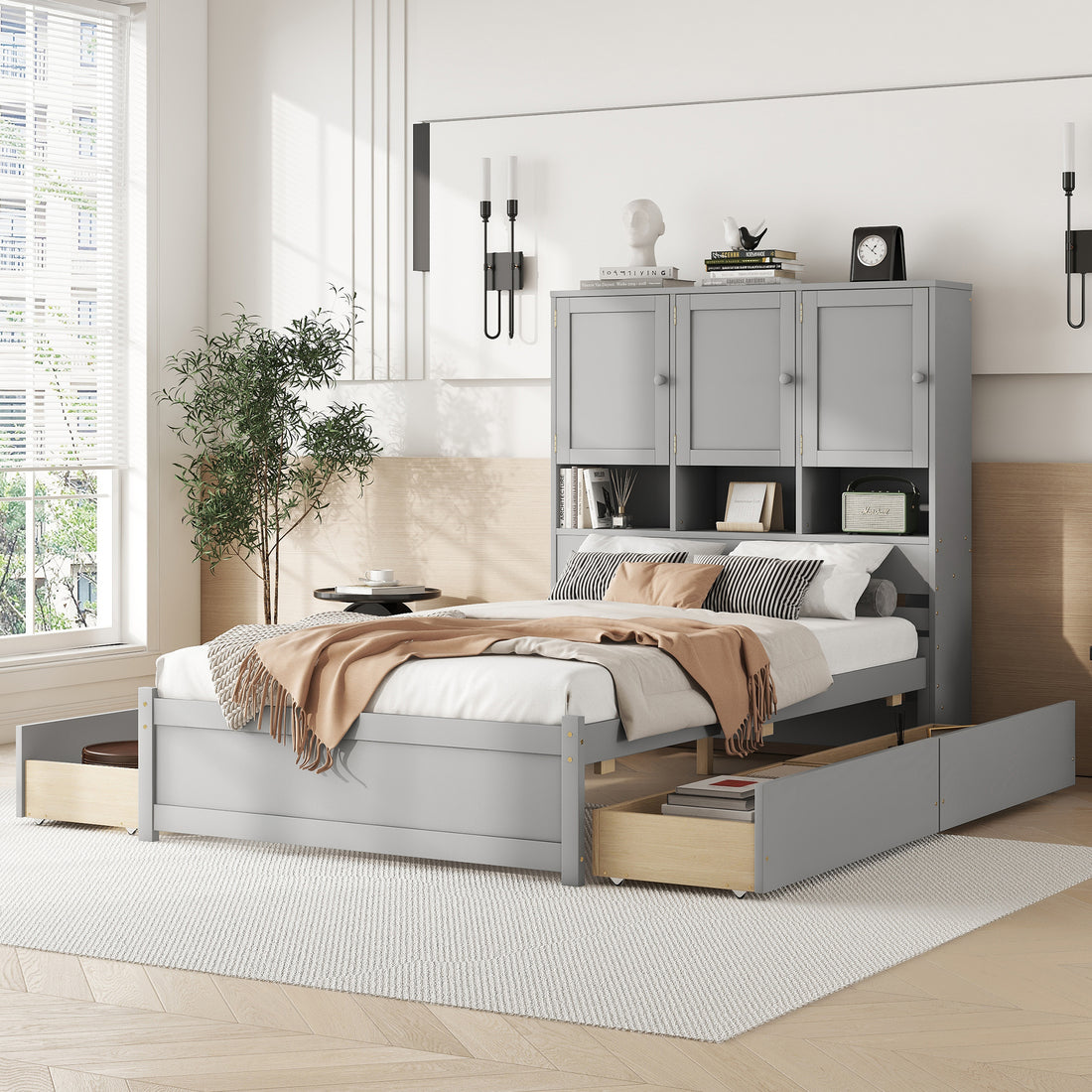 Full Size Platform Bed With Storage Headboard And 4 Drawers, Gray Box Spring Not Required Full Gray Wood Bedroom Bed Frame Solid Wood Mdf