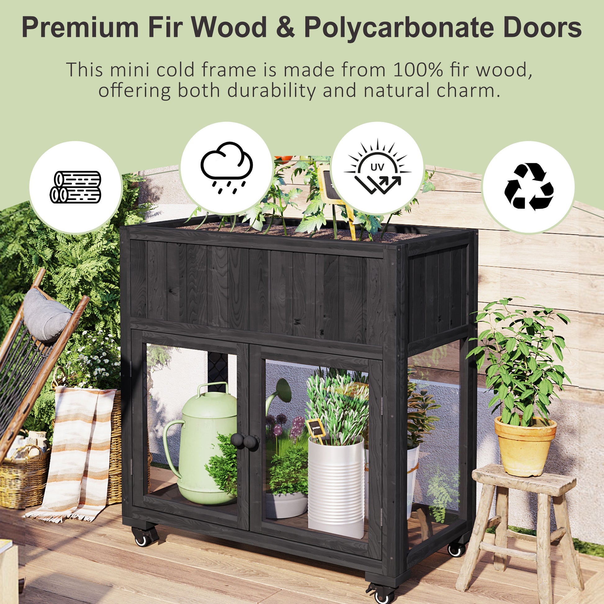 Patio 35.4''X17.7''X37.4'' Mini Wood Cold Frame, Compact 2 Doors Garden Greenhouse With Wheels, Raised Bed With Liner For Indoor Outdoor Use, Black Black Garden & Outdoor Casual Wood