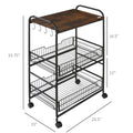 Homcom 3 Tier Rolling Kitchen Cart With Storage, Kitchen Island Cart On Wheels With 2 Sliding Fruit Basket, Microwave Cart With Side Hooks For Dining Room, Brown Rustic Brown Mdf Metal