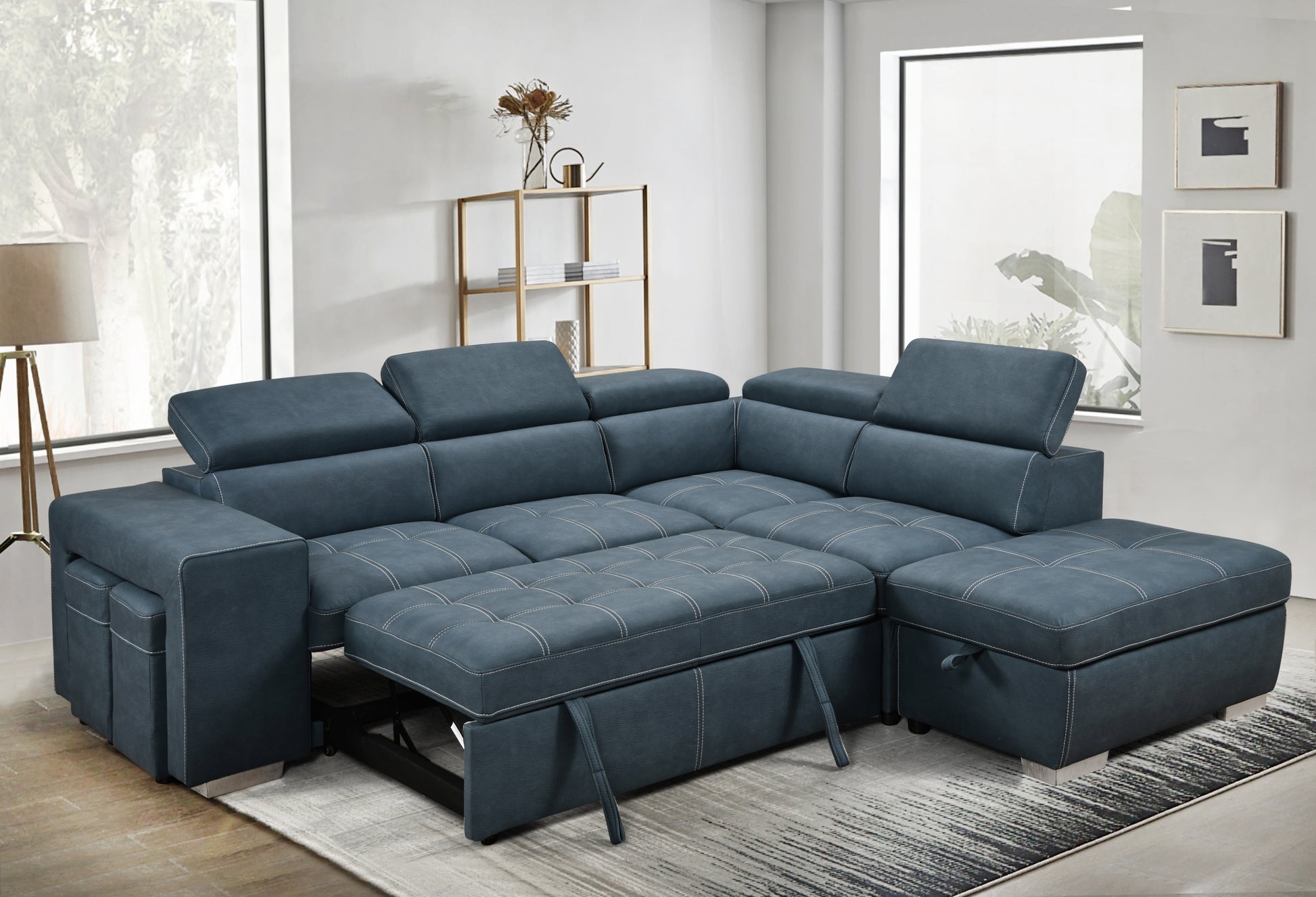 105" Sectional Sofa With Adjustable Headrest ,Sleeper Sectional Pull Out Couch Bed With Storage Ottoman And 2 Stools,Blue Light Brown Wood Primary Living Space Heavy Duty Eucalyptus 5 Seat Blue Microfiber Soft Cushion Back Modern Square Arms Foam