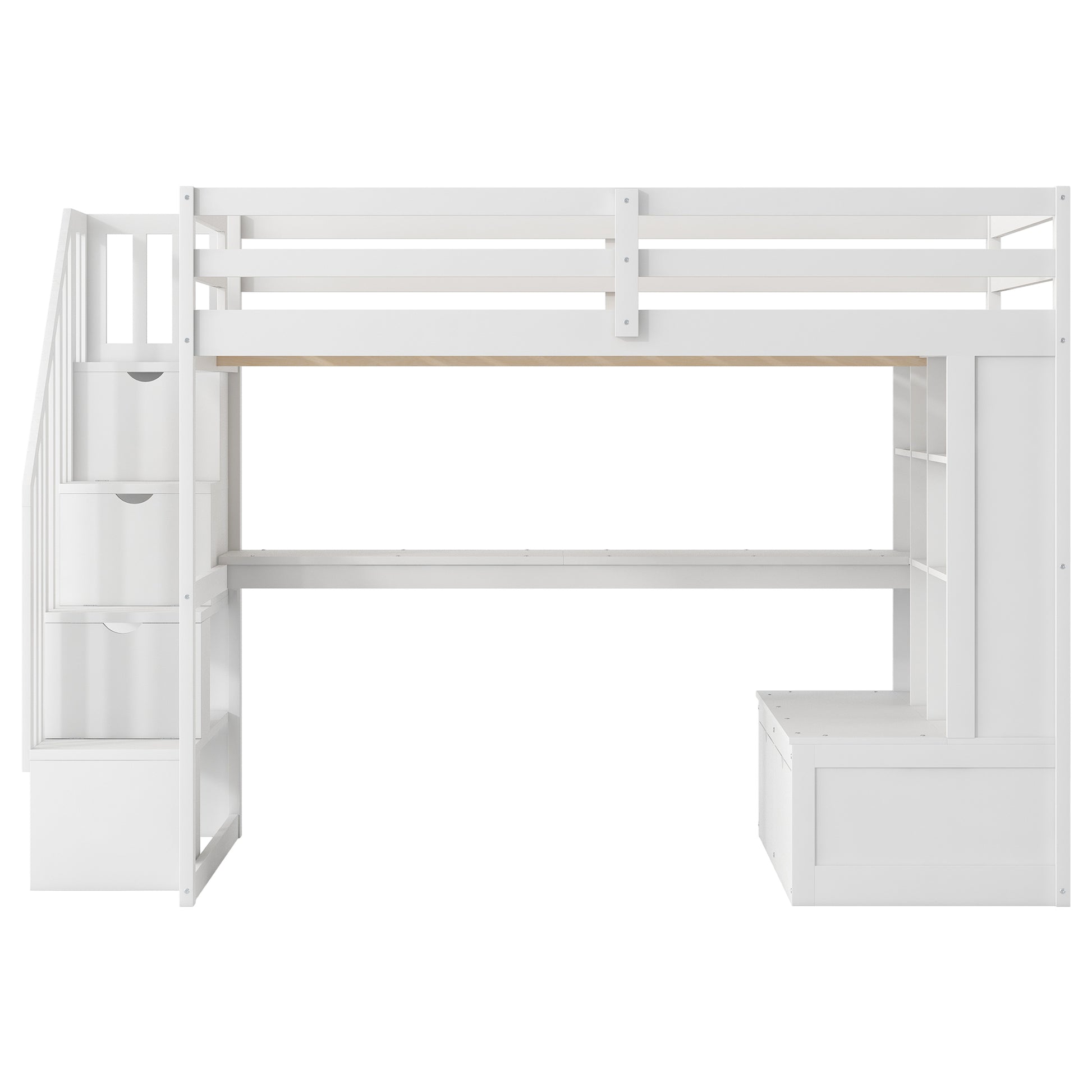 Full Size Loft Bed With Desk And Shelves, Two Built In Drawers, Storage Staircase, White Full White Plywood,Solid Wood Mdf