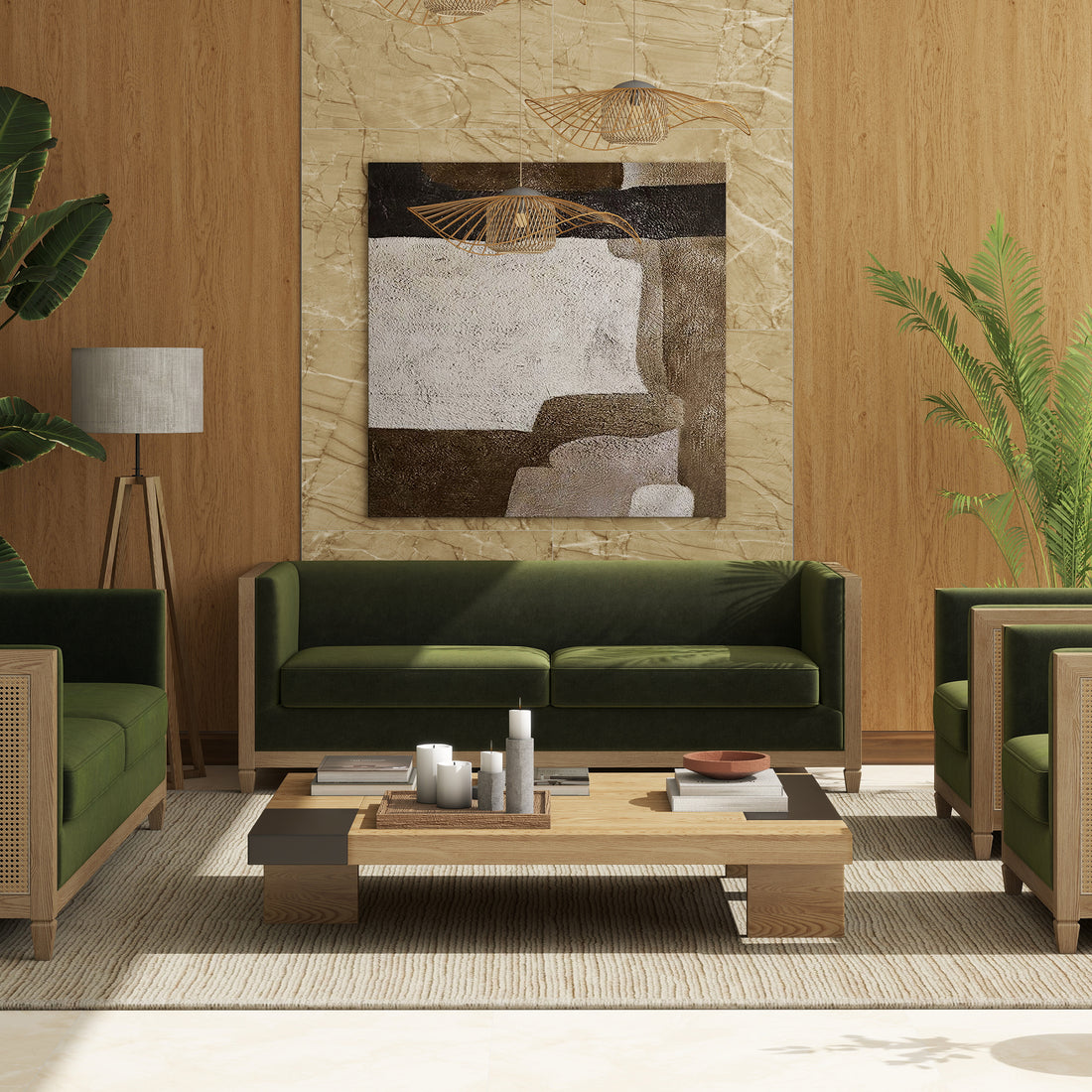 Georgia 81" Cane Rattan Tuxedo Sofa, Olive Green Performance Velvet Olive Green Foam Wood Fabric Rattan 2 Seat