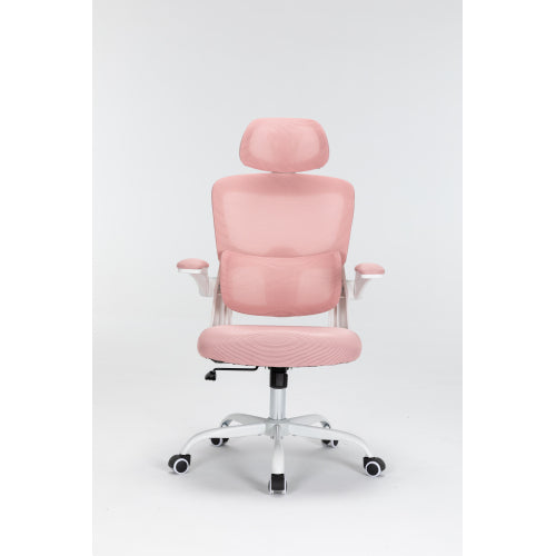 Ergonomic Mesh Office Chair With 3D Adjustable Lumbar Support, High Back Desk Chair With Flip Up Arms, Executive Computer Chair Home Office Task Swivel Rolling Chairs For Adults Cushion Metal Solid Pink Office Sponge Dry Clean Round Handle Office Chairs