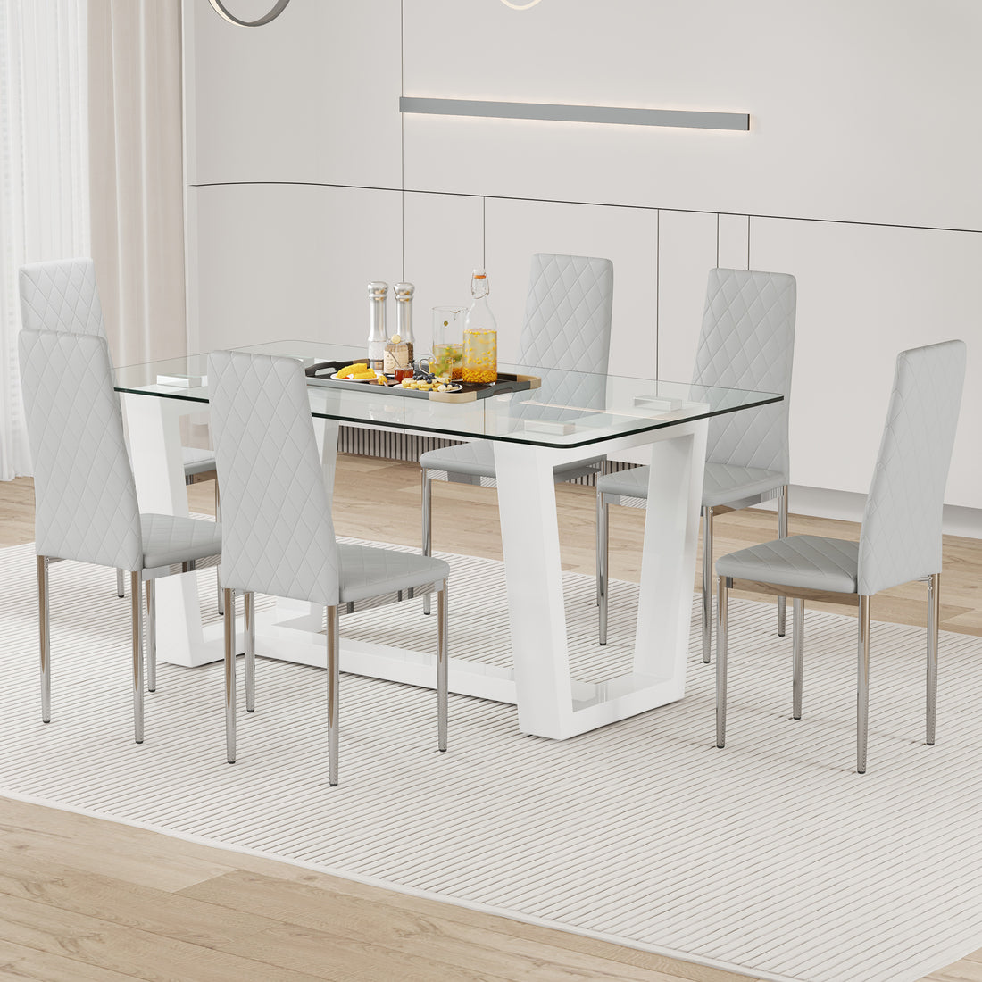 Table And Chair Set.A Rectangular Dining Table Features With Tempered Glass Top And Sleek White Mdf Stand.Paried With 6 Pu Chairs With Checkered Armless High Back And Electroplated Metal Legs. Light Gray,White Seats 6 Mdf Glass