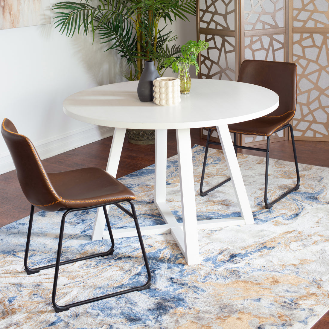 Varna 3 Piece Round Dining Set, Trestle Dining Table With 2 Stylish Chairs Wood White Seats 2 White Wood Fixed Table Rubberwood Round Round Dining Table With Chair Mdf Metal