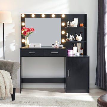 Vanity Desk With Mirror And Lights, 46.4In Dressing Table With 2 Large Drawer&Large Vertical Organizer, 3 Level Dresser & 3 Lighting Modes Adjustable Brightness, Suitable For Bedroom Black Black Polyester Blend