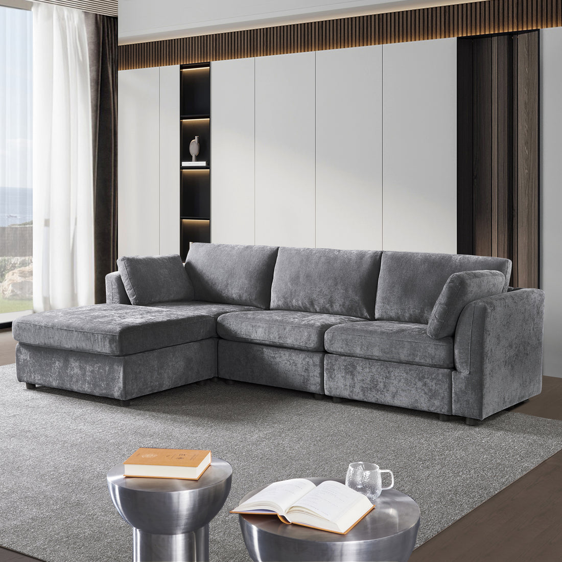 Modular Grey Sofa Fabric, Simple And Grand, The Seat And Back Is Very Soft. This Is Also A Knock Down Sofa Grey Brown Chenille Wood Primary Living Space Medium Firm Light Duty Victorian Rectangle Acacia Rolled Arms Chenille 4 Seat