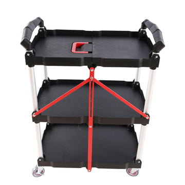 Folding Service Car With Wheels, Three Layer Practical Trolley, Folding Storage Cart, Suitable For Family, Garage, Restaurant, Hotel, Kitchen, Warehouse. No Assembly Required. Black Blue Plastic