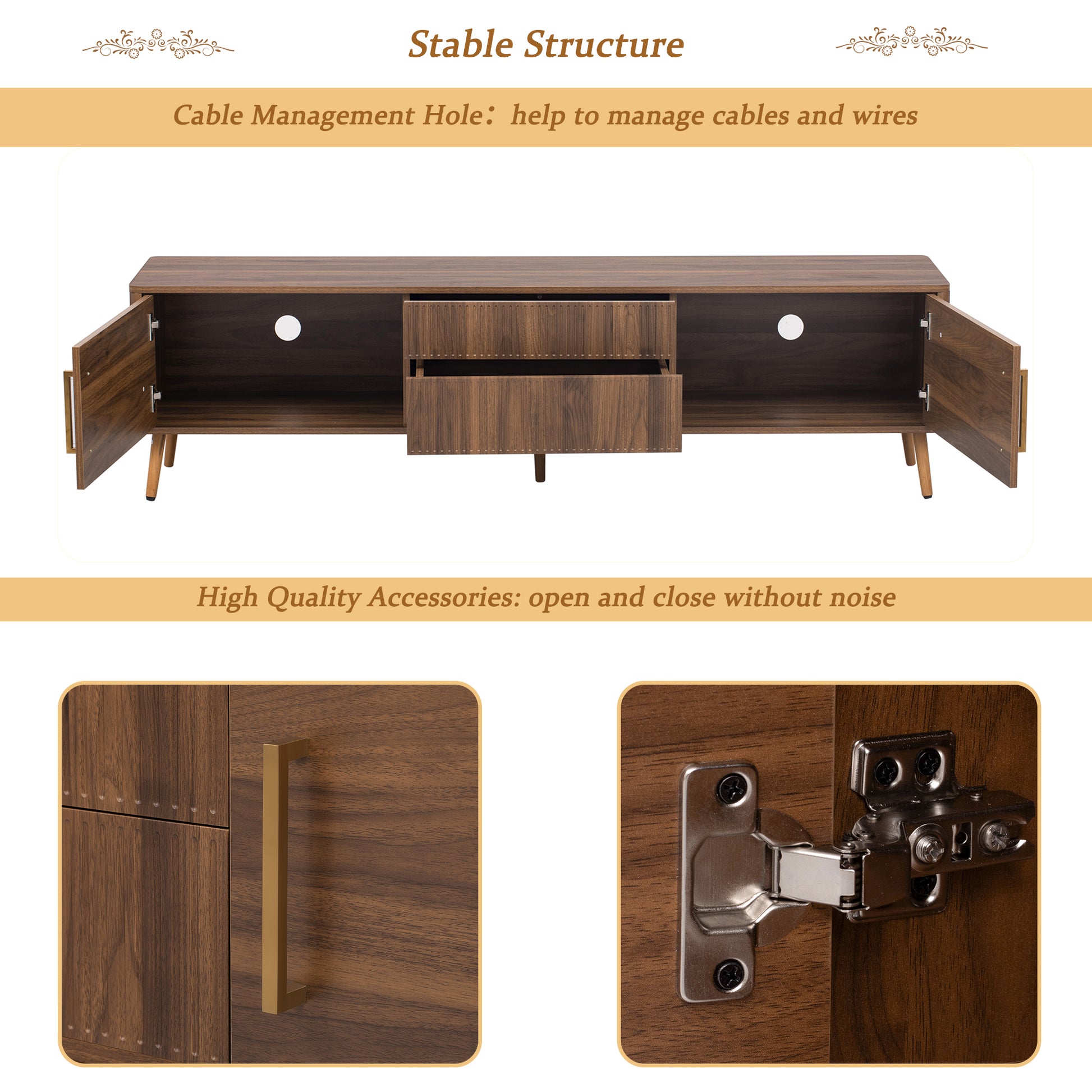 Mid Century Tv Stand With 2 Drawers, Media Console Table For Tvs Up To 80'', Entertainment Center With Storage For Living Room, Bedroom, Home Theatre Walnut Primary Living Space 70 79 Inches 70 79