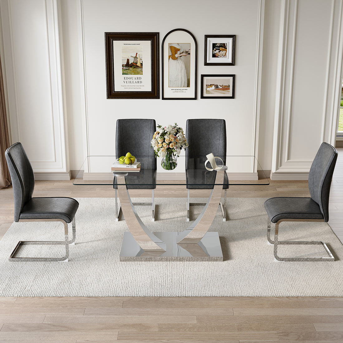Table And Chair Set.Modern Dining Table,Tempered Glass Tabletop And Silver Colored Leg.Paired With 4 Soft And Comfortable Dark Gray Pu Chair, Perfect For Dinner, Meetings, Home And Office Decor.