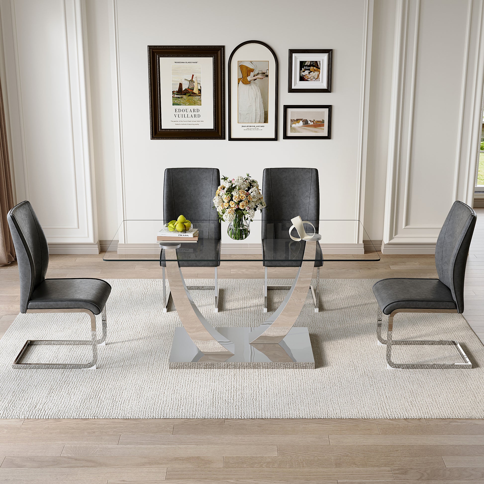 Table And Chair Set.Modern Dining Table,Tempered Glass Tabletop And Silver Colored Leg.Paired With 4 Soft And Comfortable Dark Gray Pu Chair, Perfect For Dinner, Meetings, Home And Office Decor.