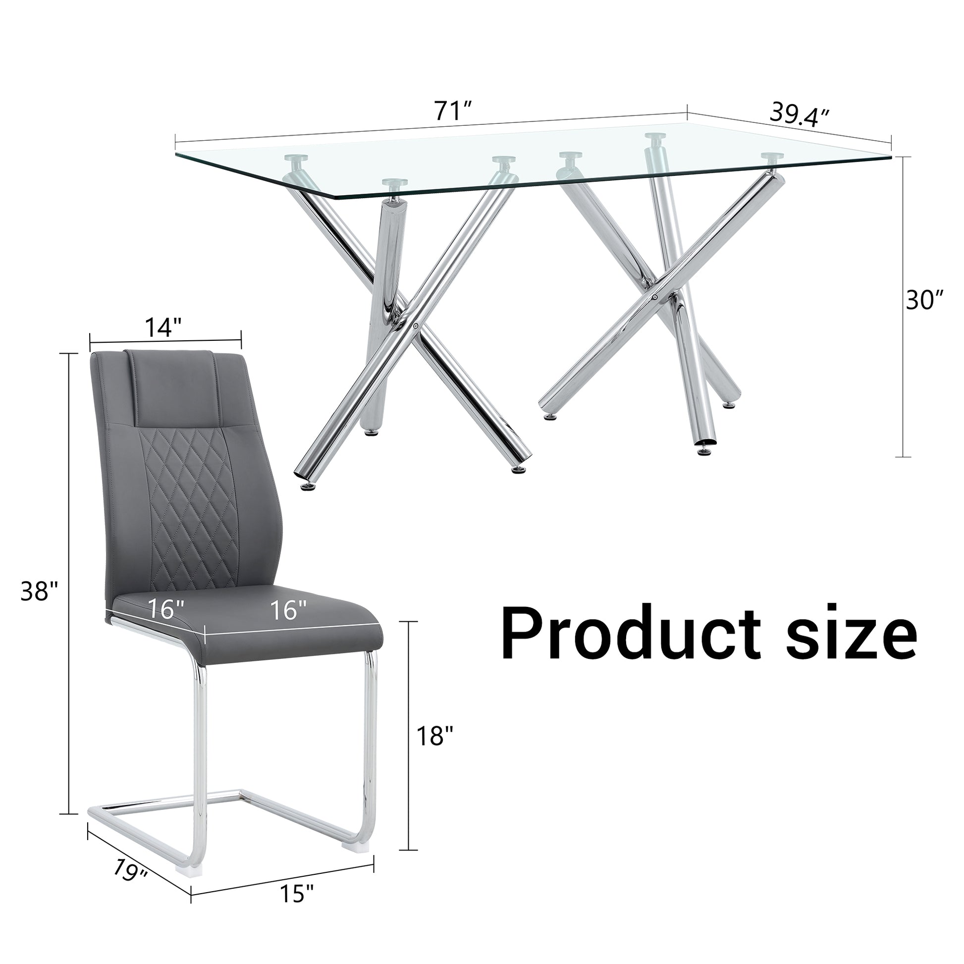 Table And Chair Set.Large Minimalist Rectangular Glass Dining Table For 6 8 With 0.39" Tempered Glass Tabletop And Silver Chrome Metal Legs.Paried With Comfortable Chairs With Pu Seats And Metal Legs. Silver Seats 6 Glass Metal