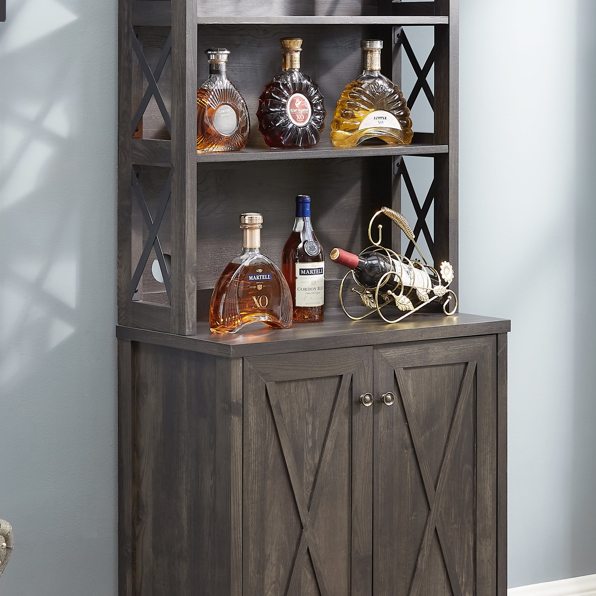 Coffee Bar Cabinet Kitchen Cabinet With Microwave Stand, Wood Frame Side Home Source Bar Cabinet And Hollow Out Barn Design Wood Cabinet L26.75''*W15.13''*H66.1'' Charcoal Gray Charcoal Grey Mdf