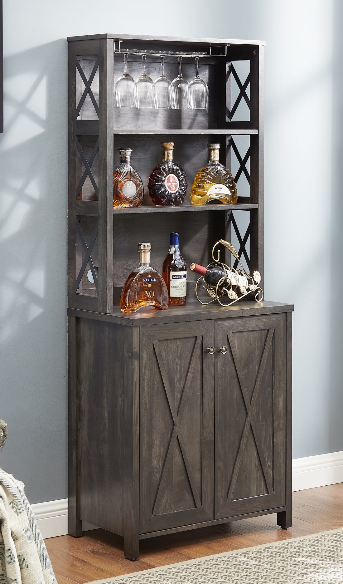 Coffee Bar Cabinet Kitchen Cabinet With Microwave Stand, Wood Frame Side Home Source Bar Cabinet And Hollow Out Barn Design Wood Cabinet L26.75''*W15.13''*H66.1'' Charcoal Gray Charcoal Grey Mdf