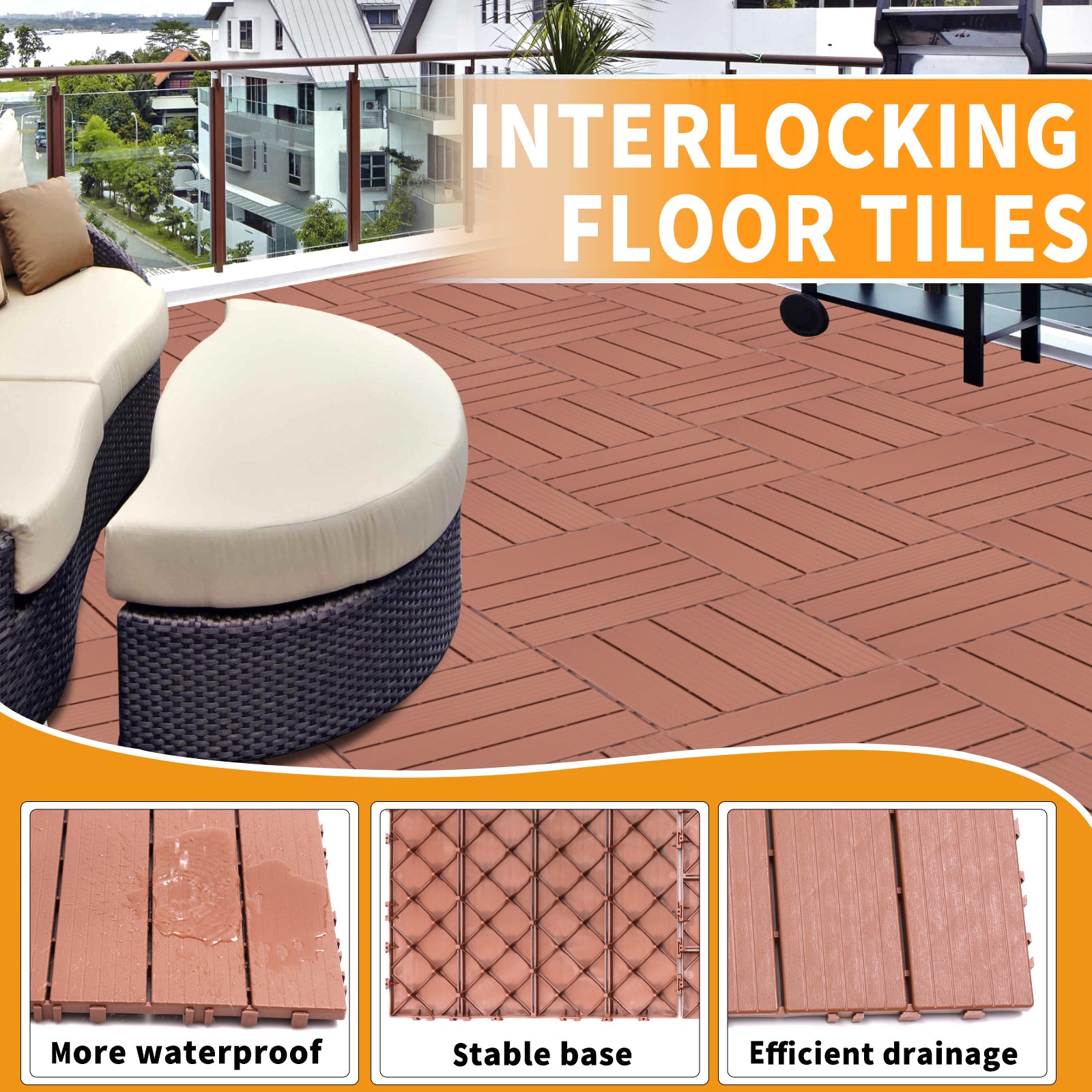 Plastic Interlocking Deck Tiles, 11.8"X11.8" Pack Of 44 , Patio Flooring Outdoor Waterproof All Weather Use For Garden Poolside Front Back Yard, Mahogany Colour Mahogany Plastic