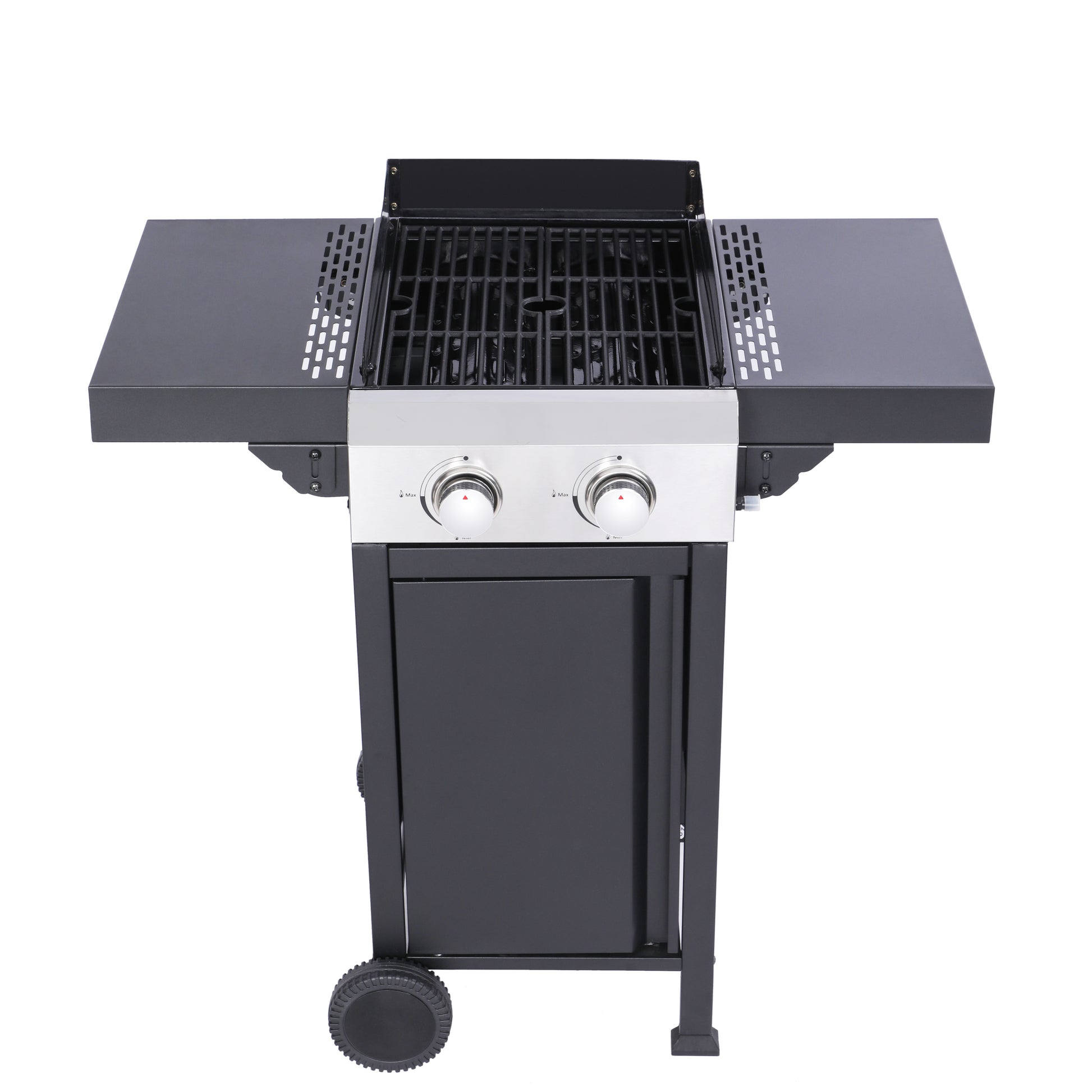 2 Burner Propane Gas Bbq Grill, Pizza Box, 24600Btu Output With Wire Enamel Cooking Grids For Outdoor Barbecue, Foldable Side Table, Hanging Basket, Stainless Steel Black And Silver Garden & Outdoor