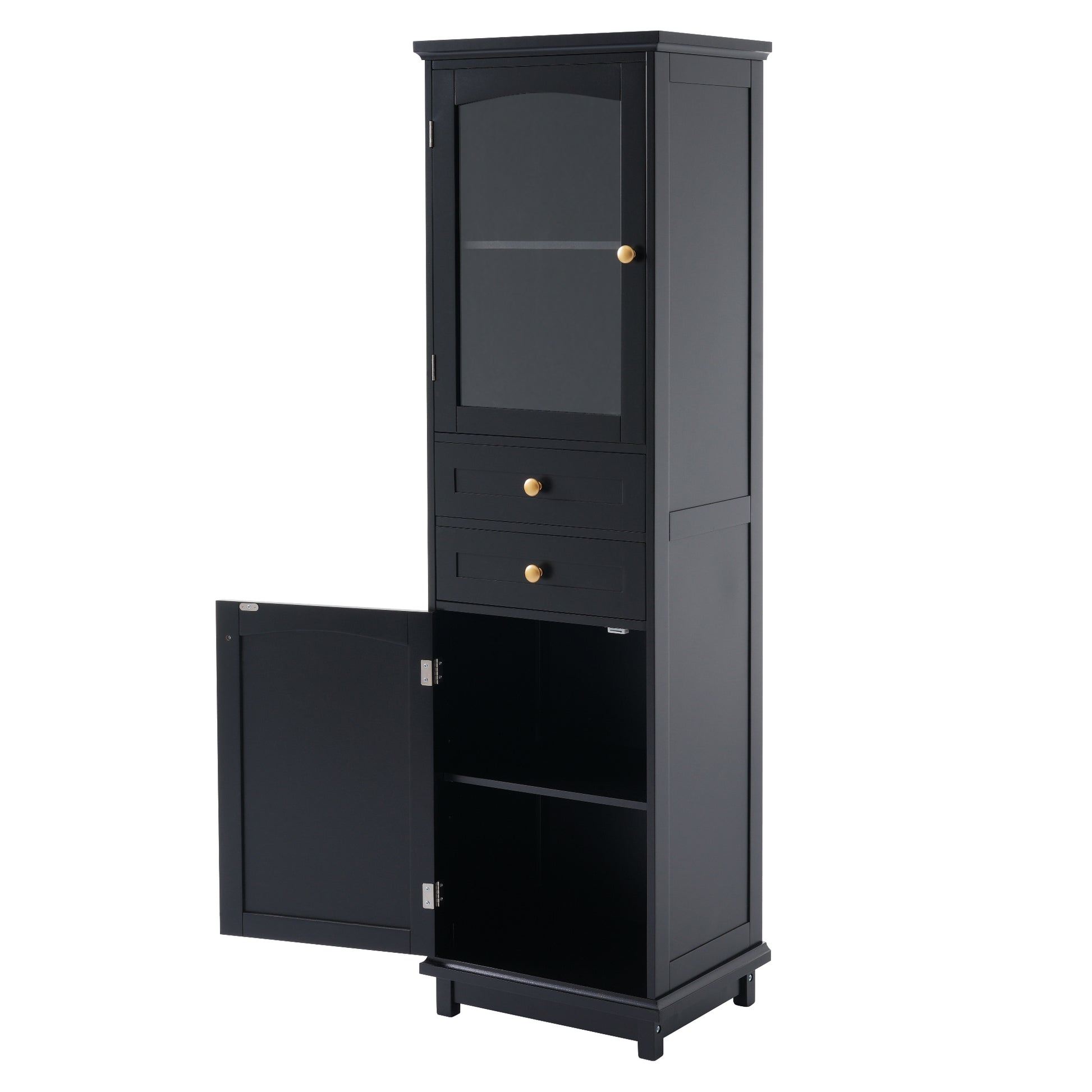 Tall Bathroom Storage Cabinet With Glass Doors, Free Standing, Two Drawers, And Adjustable Shelves, Mdf Board, Painted Black Perfect For Displaying Your Favorite Items 2 Black 2 4 Adjustable Shelves Bathroom Freestanding Partice Board Mdf Pine Wood