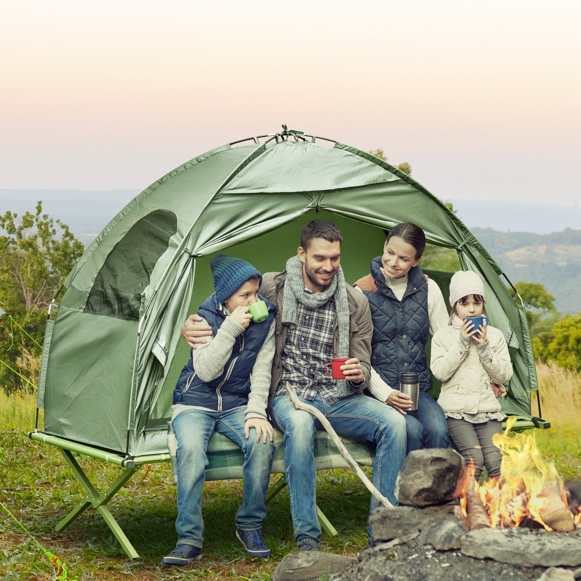 Outsunny Camping Tent Cot, Single Person Folding Cot Combo, Off Ground Tent, Covered Outdoor Bed With Carry Bag For Hiking, Camping Green Polyester