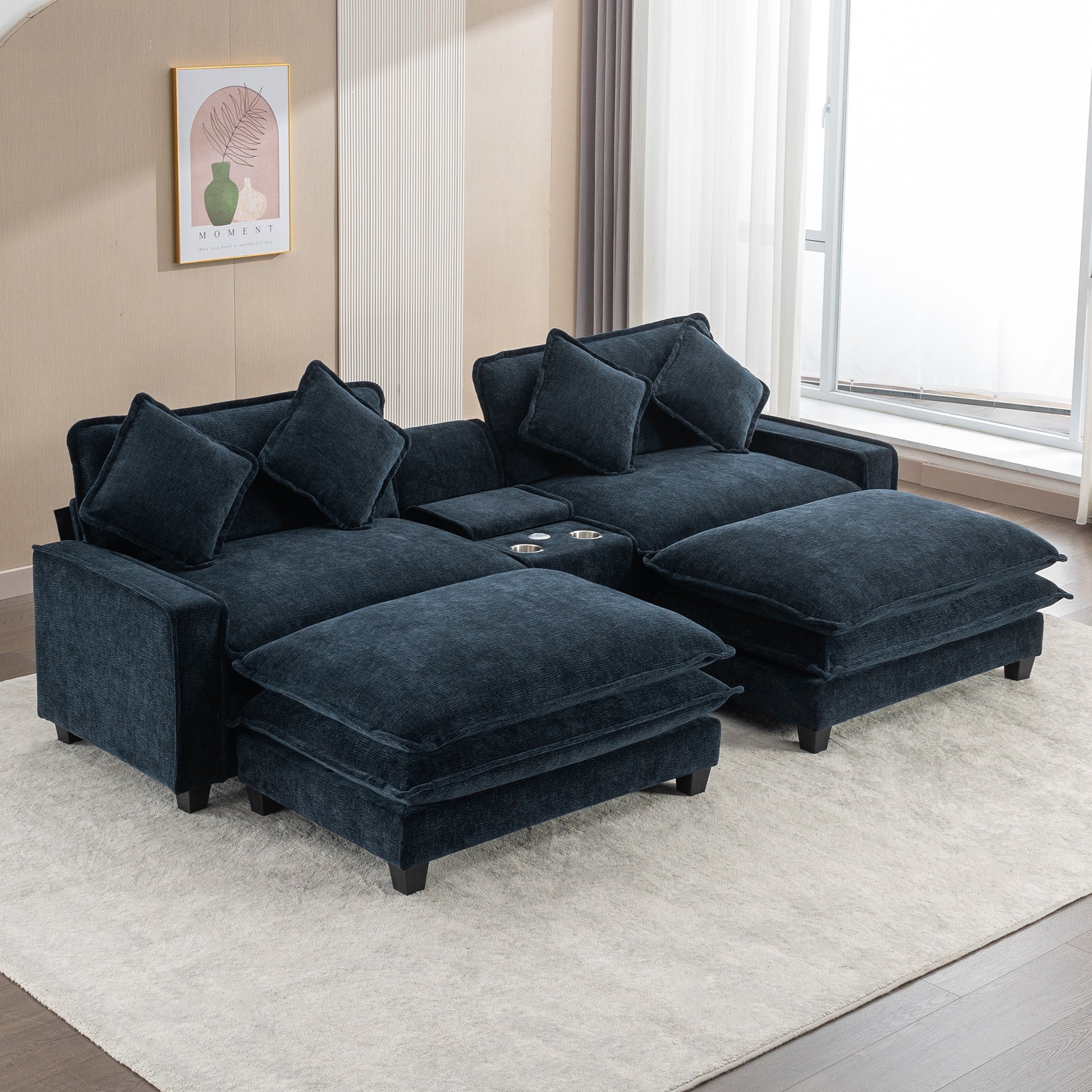 112.6" Sectional Sofa Chenille Upholstered Sofa With Two Removable Ottoman, Two Usb Ports, Two Cup Holders And Large Storage Box For Living Room, Blue Blue Foam Chenille 2 Seat