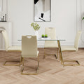 Modern Simple Rectangular Glass Dining Table, Wear Resistant Tempered Glass Countertop, Gold Plated Legs, Light Yellow Pu Dining Chair Set, Suitable For Restaurant Kitchen Use Set Of 5 Upholstered