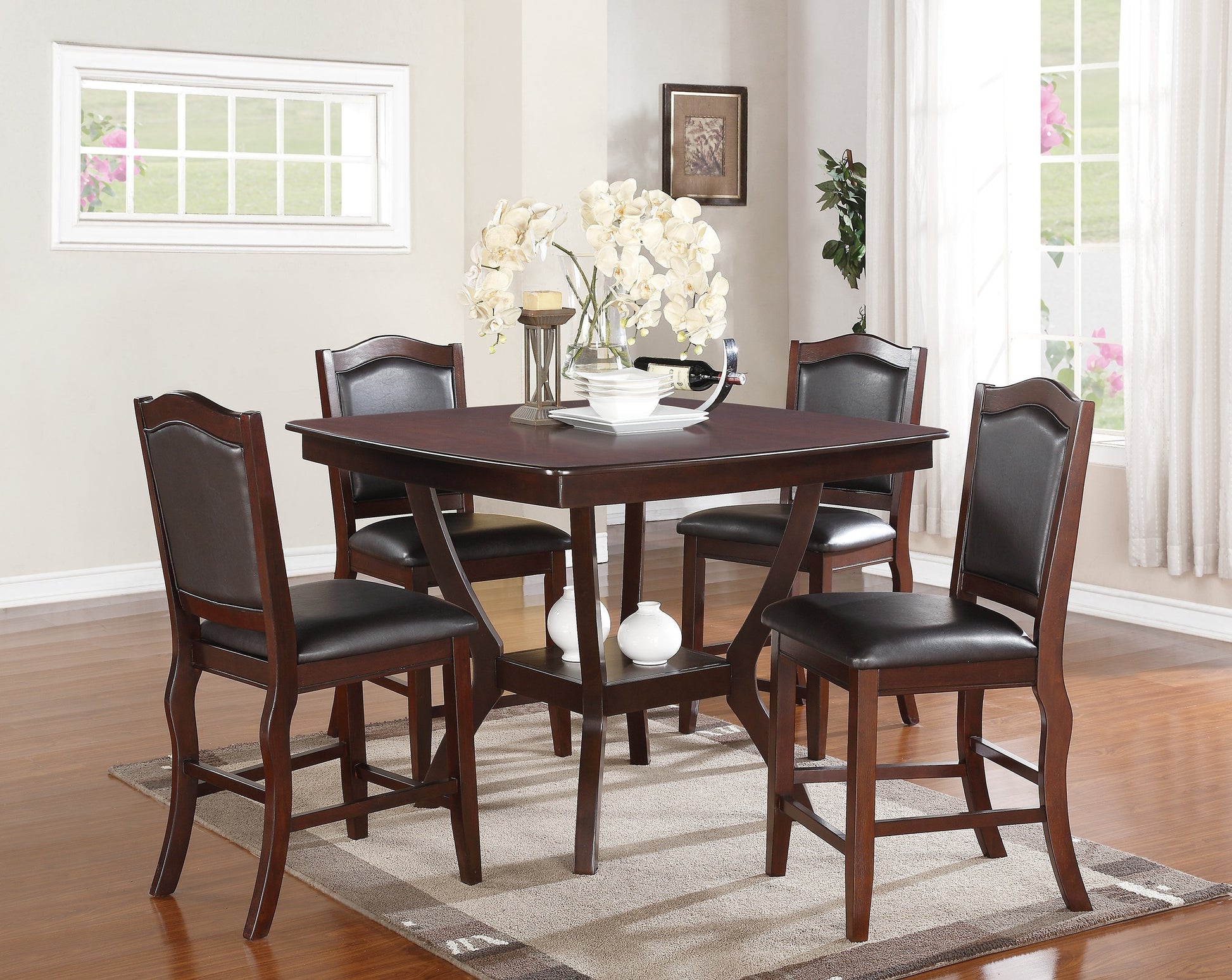 Formal Look Counter Height Dining Table W Shelve And 4X Side Chairs Solidwood Espresso Finish 5Pc Set Dining Room Furniture Wood Dining Room Solid Wood Rubberwood Square Dining Table With Chair Wood Wood Espresso Solid Back Seats 4 42 Inches