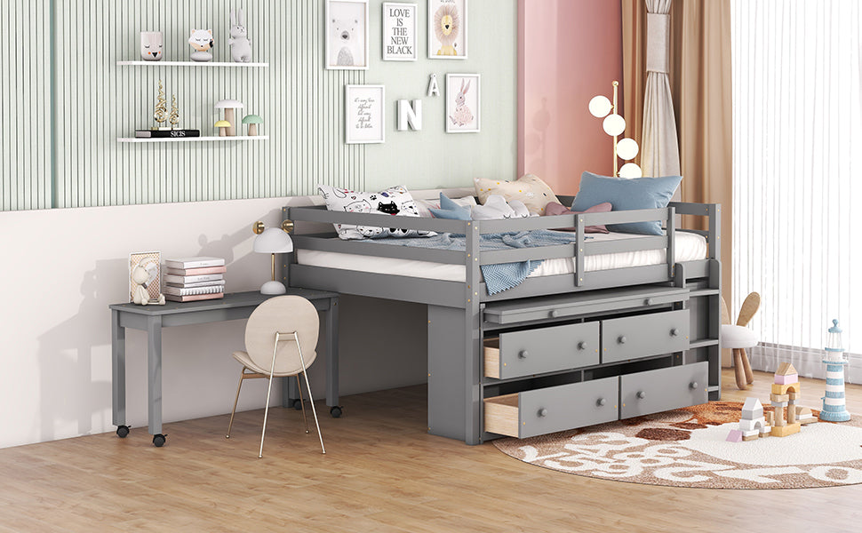 Full Size Loft Bed With Retractable Writing Desk And 4 Drawers, Wooden Loft Bed With Lateral Portable Desk And Shelves, Gray Full Gray Solid Wood Mdf