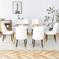 Table And Chair Set.Modern Minimalist Dining Table. White Imitation Marble Pattern Sintered Stone Desktop With Golden Metal Legs.Paried With 6 Comfortable Chairs With Pu Seats And Black Metal Legs.
