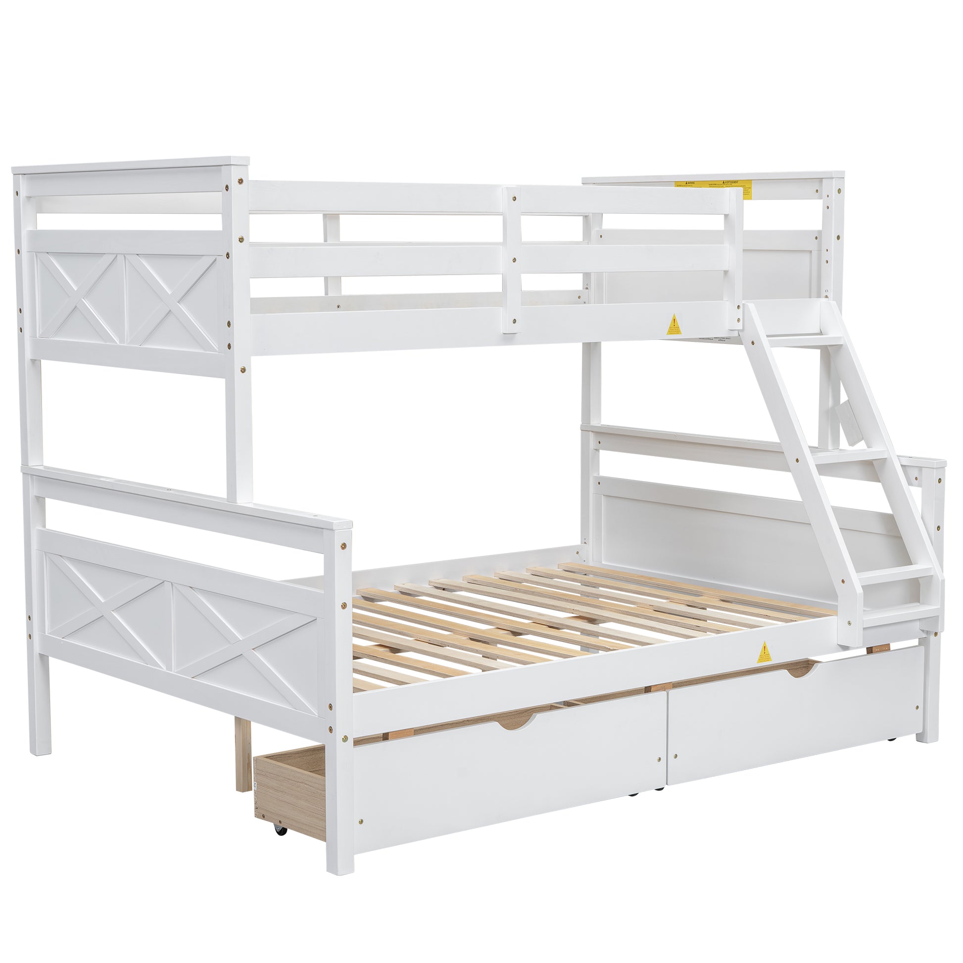 Twin Over Full Bunk Bed With Ladder, Two Storage Drawers, Safety Guardrail, White Box Spring Not Required Twin White Wood Bedroom Bed Frame Pine