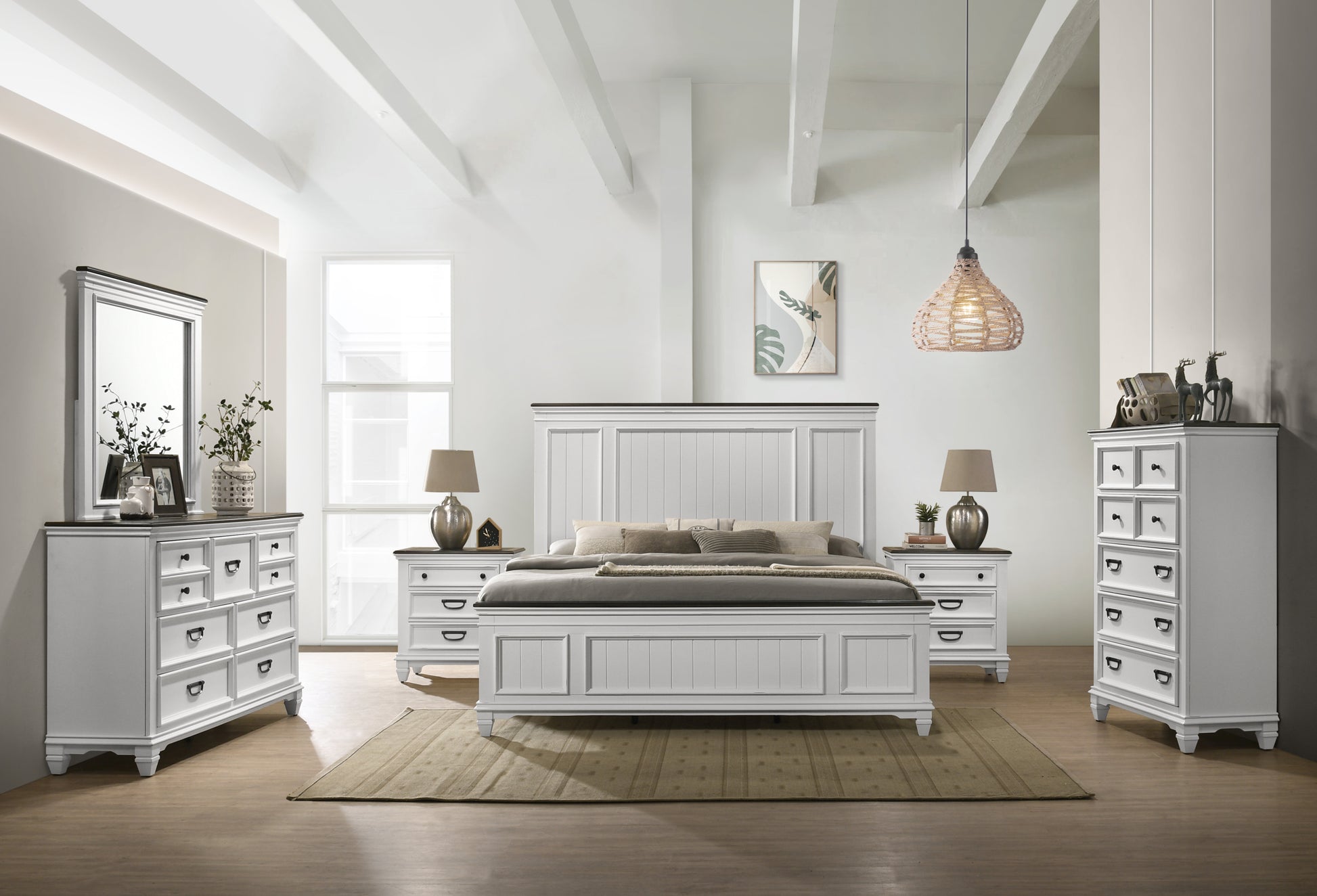 Clelane Wood Bedroom 6 Piece Set With Lap Panel Queen Bed, Dresser, Mirror, Two Nightstands, And Chest Box Spring Required Queen Antique White Gray Wood White 6 Piece Set Bedroom Bed Included,Chest Included,Dresser Included,Mirror Included,Nightstand