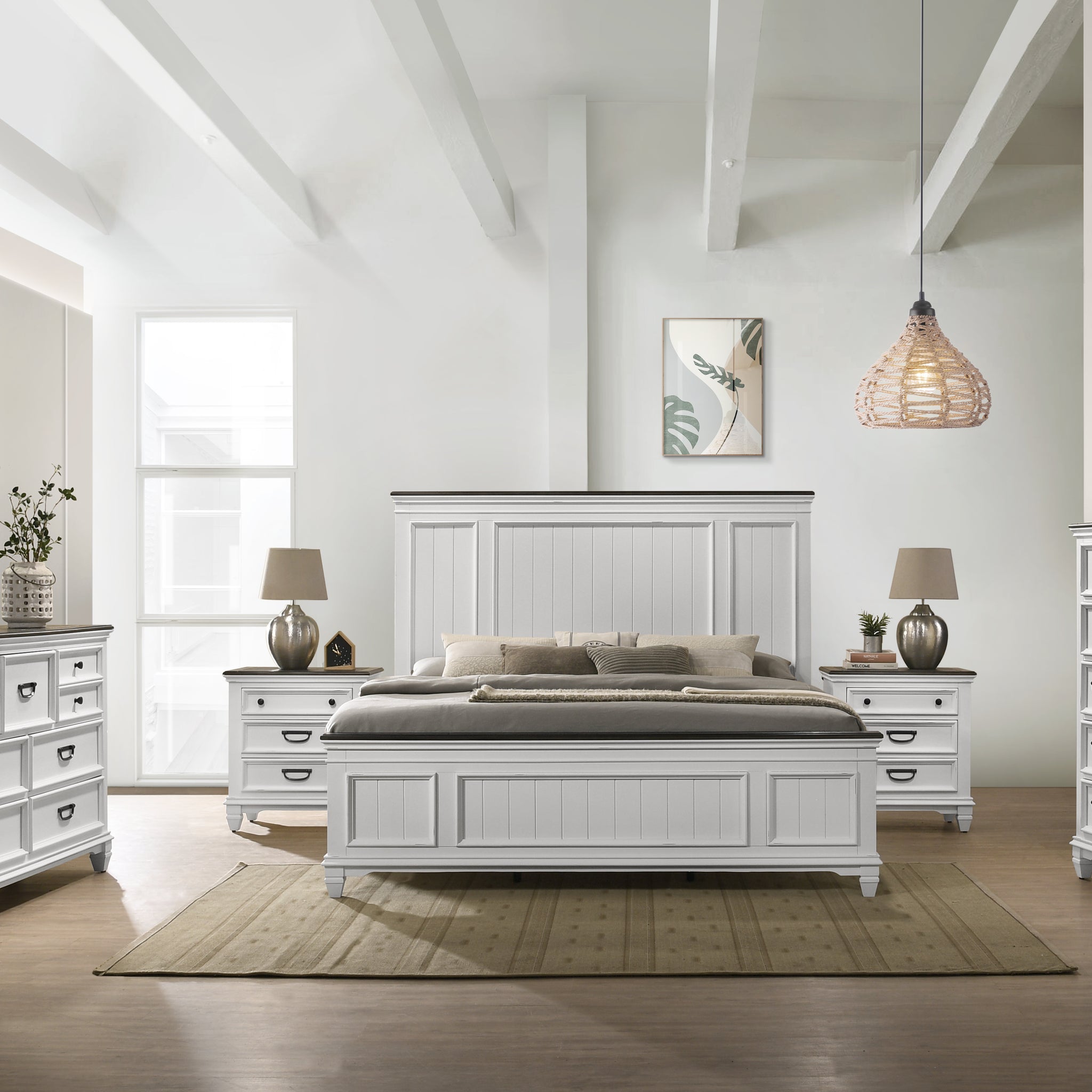 Clelane Wood Bedroom 6 Piece Set With Lap Panel King Bed, Dresser, Mirror, Two Nightstands, And Chest Box Spring Required King Antique White Gray Wood White 6 Piece Set Bedroom Bed Included,Chest Included,Dresser Included,Mirror Included,Nightstand