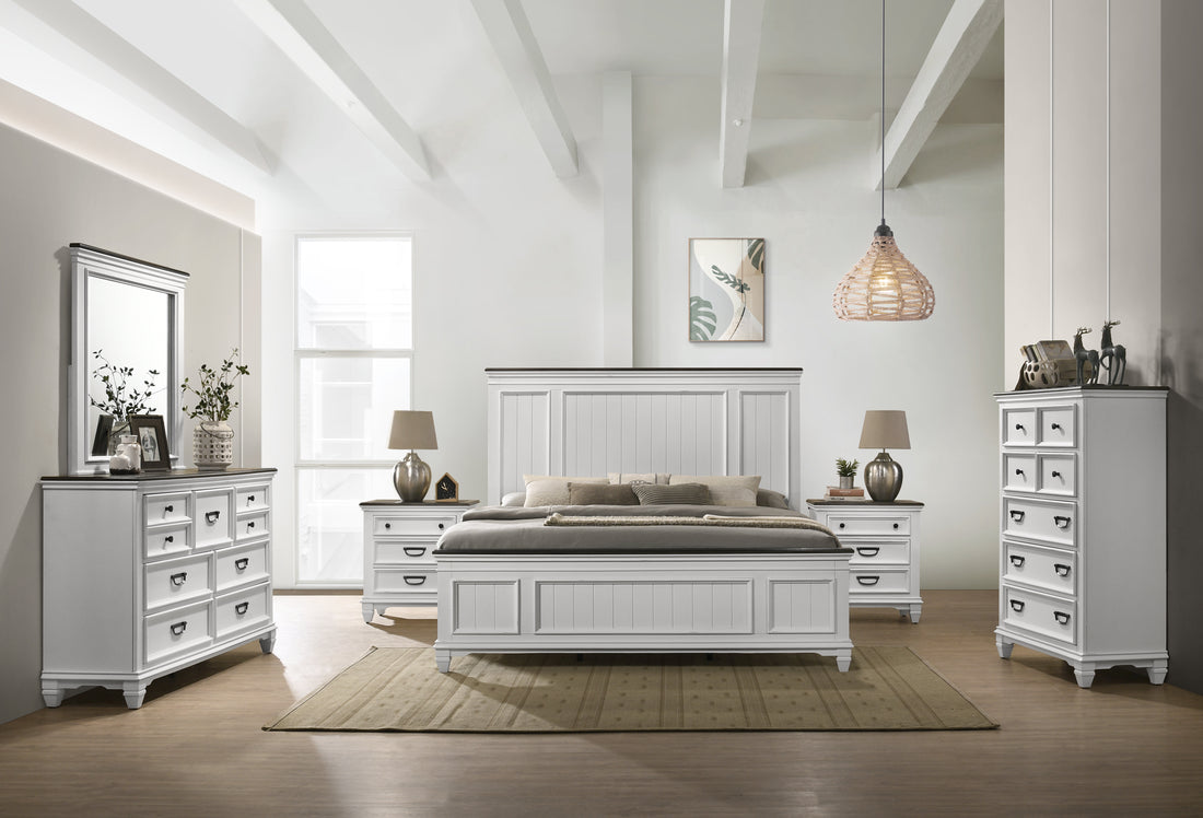 Clelane Wood Bedroom 6 Piece Set With Lap Panel King Bed, Dresser, Mirror, Two Nightstands, And Chest Box Spring Required King Antique White Gray Wood White 6 Piece Set Bedroom Bed Included,Chest Included,Dresser Included,Mirror Included,Nightstand