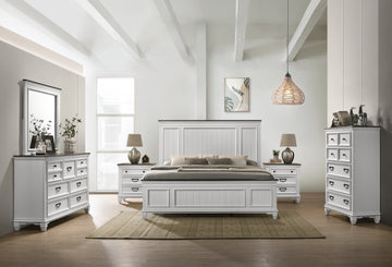 Clelane Wood Bedroom 6 Piece Set With Lap Panel King Bed, Dresser, Mirror, Two Nightstands, And Chest Box Spring Required King Antique White Gray Wood White 6 Piece Set Bedroom Bed Included,Chest Included,Dresser Included,Mirror Included,Nightstand